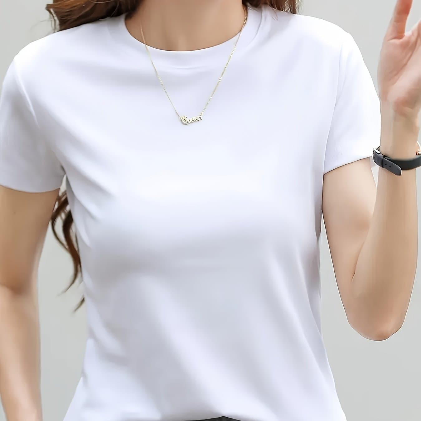 TEMU Women's Fashionable Solid Color Round Neck Short Sleeved Top