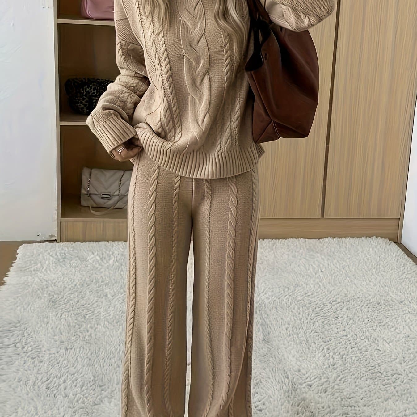 TEMU Women's Winter Solid Color Round Neck Long Sleeve Simple Top And Pants Casual 2pcs Set, Winter Clothing
