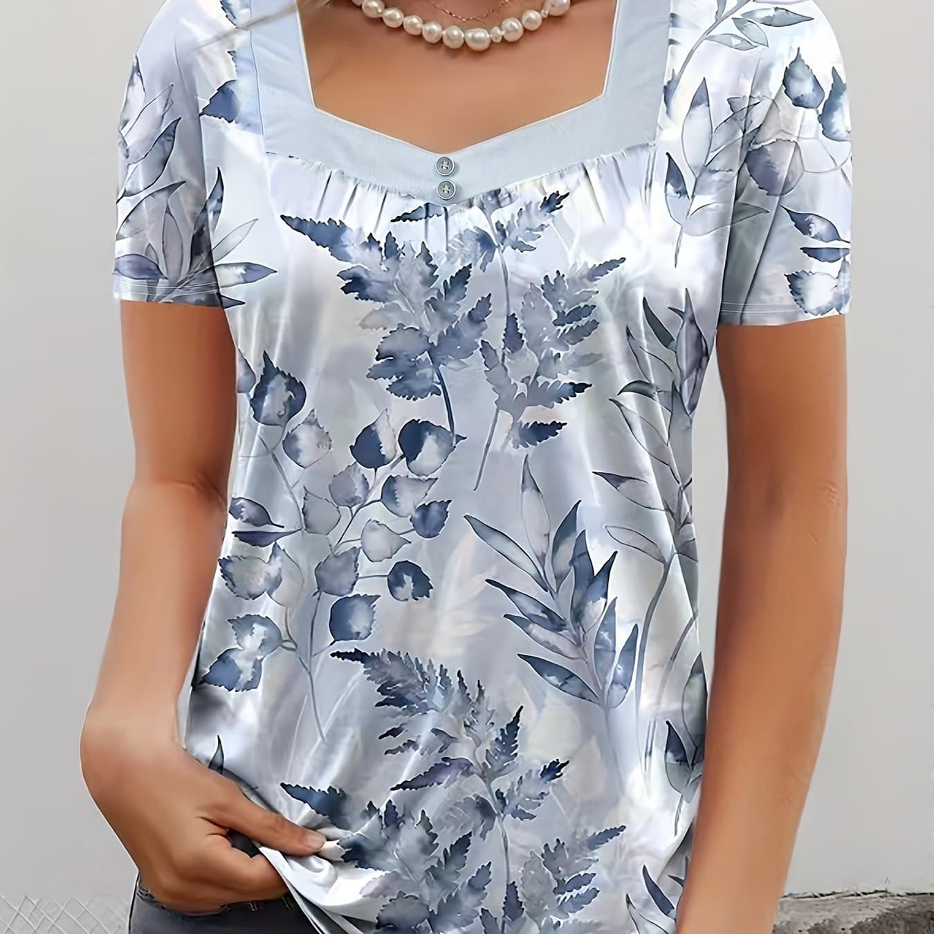 TEMU Plus Size, New European And American Neck Button-up Printed Short-sleeve Top