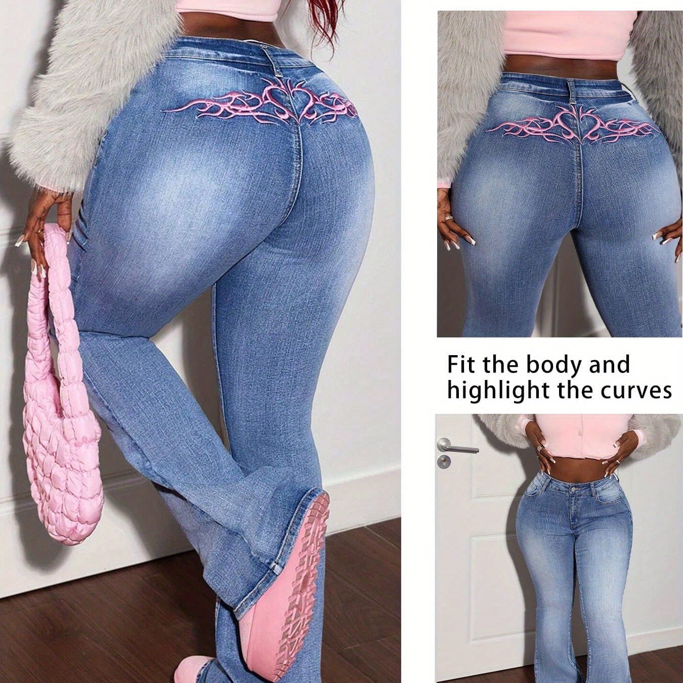 TEMU Women's Y2k Flared Light - Blue Jeans With Chic Pink Embroidery On