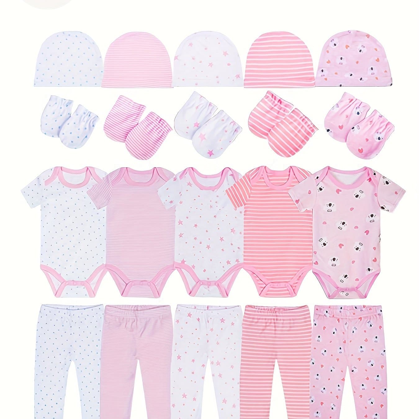TEMU 20pcs Newborn Clothing Set Made Of Bamboo Fiber, Including 5 Onesies, 5 Pairs Of Pants, 5 Hats, And 5 Pairs Of Mittens, For Outdoor