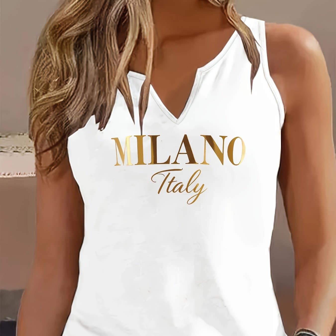 TEMU Letter Print Tank Top, Sleeveless V Neck Casual Top For Summer And Spring, Women's Clothing