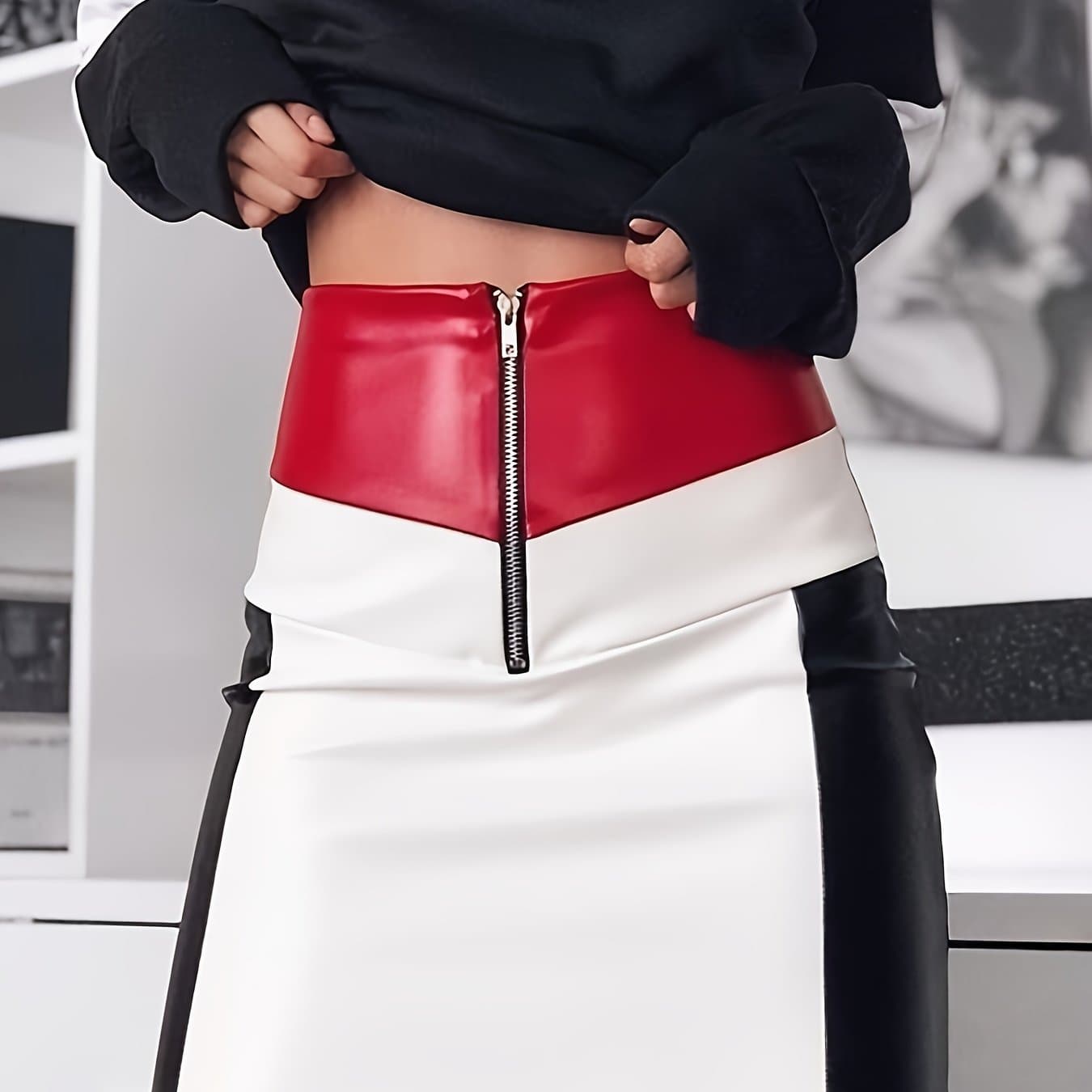 TEMU Women's A-line Half-length Skirt, Spring And Summer Pu Skirt, Retro Style, Color Block Stitching, Elegant Commuting, Going Out Gathering, Party, Women's Short Skirt,