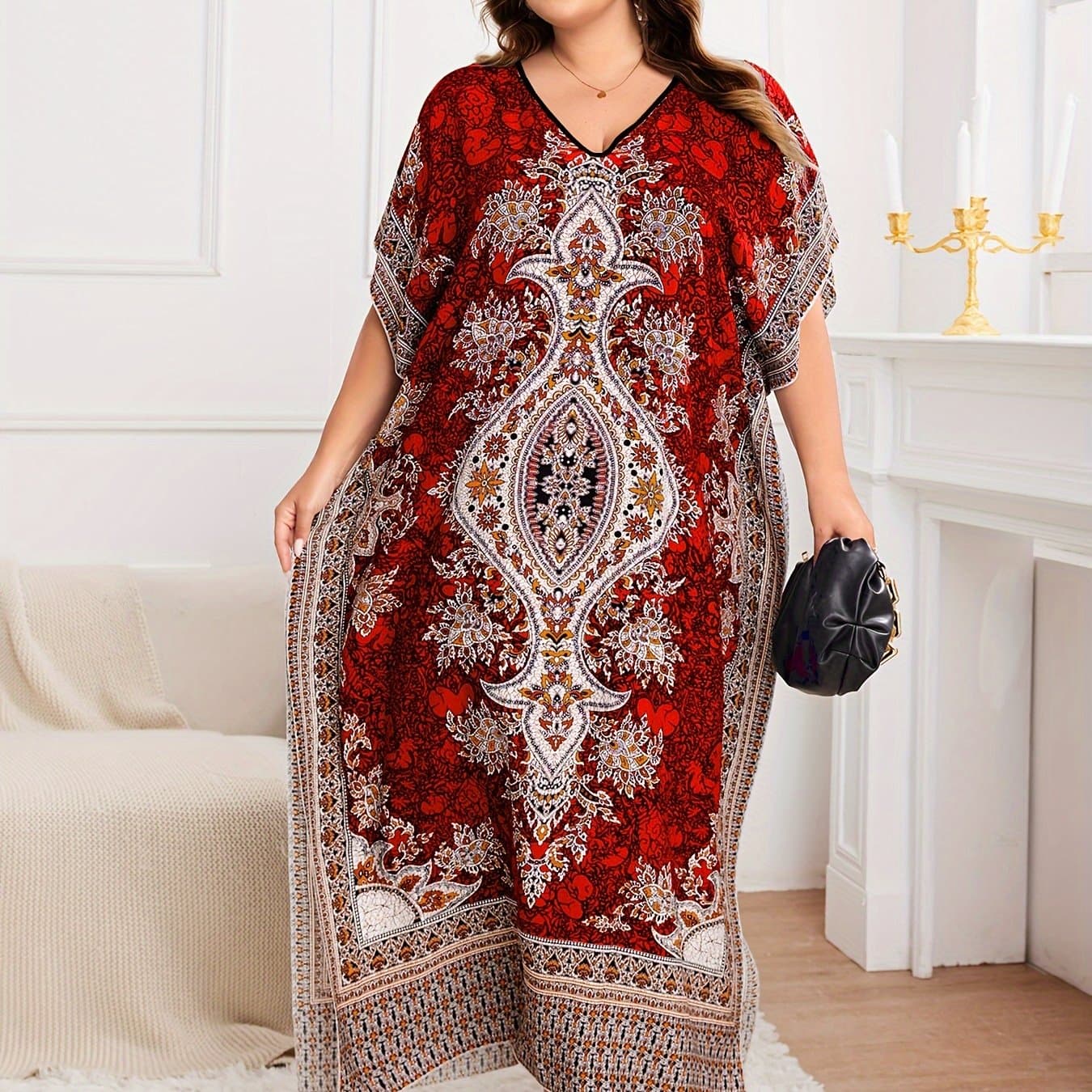 TEMU Plus Size, 2026 European And American Spring/summer New Arrival Plus Size Elegant Women's Middle Eastern Ethnic Style Batwing Sleeve Robe Bohemian Vacation V-neck Loose Dress 2