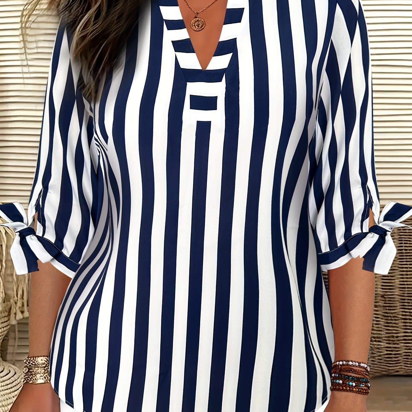 TEMU Plus Size - Plus Size - Extended Plus Size Women's Striped Round Neck Blouse With Drawstring, Loose Elegant Style Women's Shirt