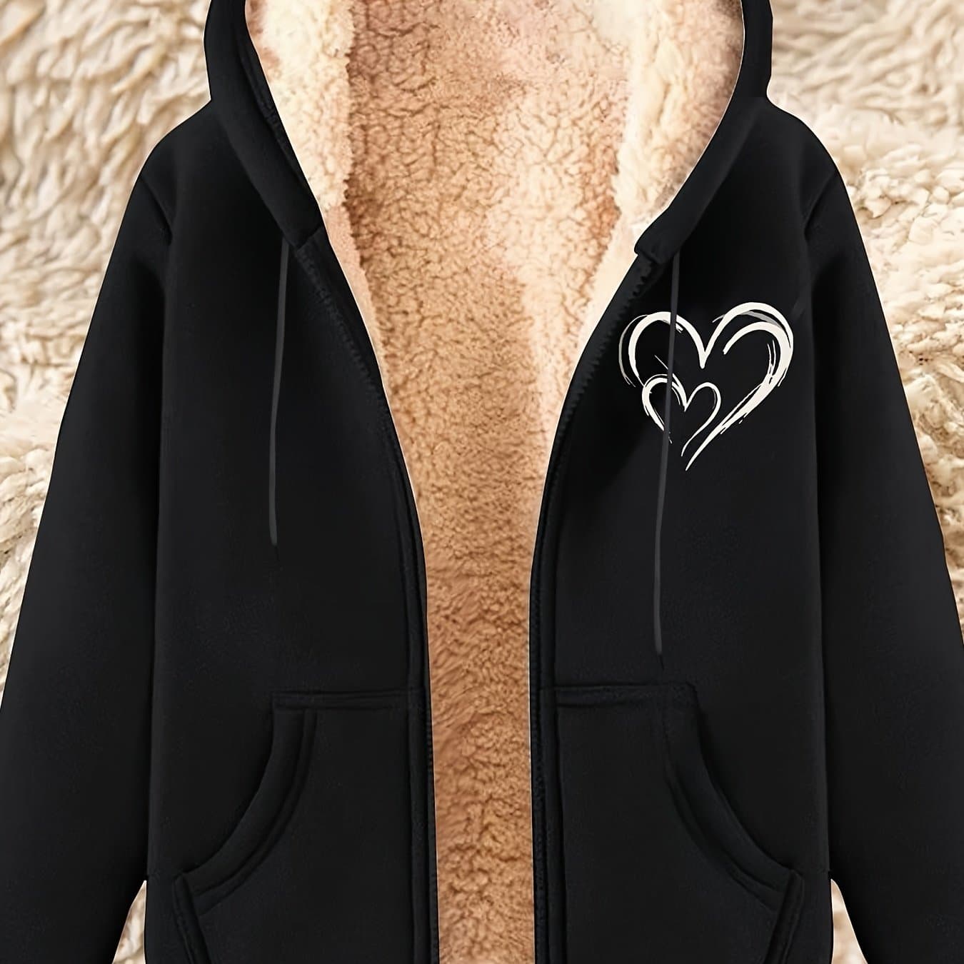 TEMU Plus Size - Plus Size - Plus Size Women's Fall/winter New Arrival Solid Color Heart Print Shearling Jacket With Fleece Lining, Thickened Couple's Cardigan Sweatshirt