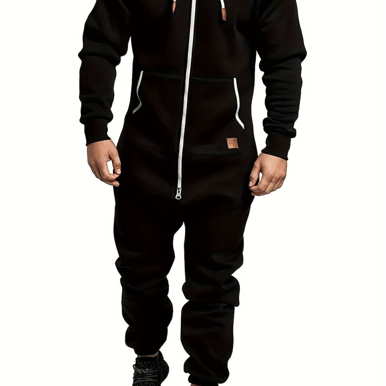 TEMU Men's Hooded Fleece-lined Jumpsuit With Long Sleeves, Full Zipper, And Kangaroo Pockets Suitable For Travel And Seaside Trips