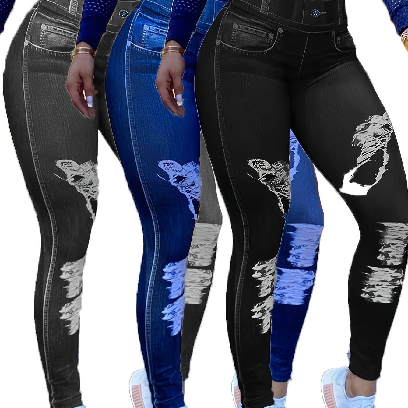 TEMU [printed Pants - Not Denim Fabric] 3pcs Women's High Waist Skinny Denim Leggings - Stretchy Denim Pants, , Casual Everyday Denim|fashionable Denim|stretchy Fabric