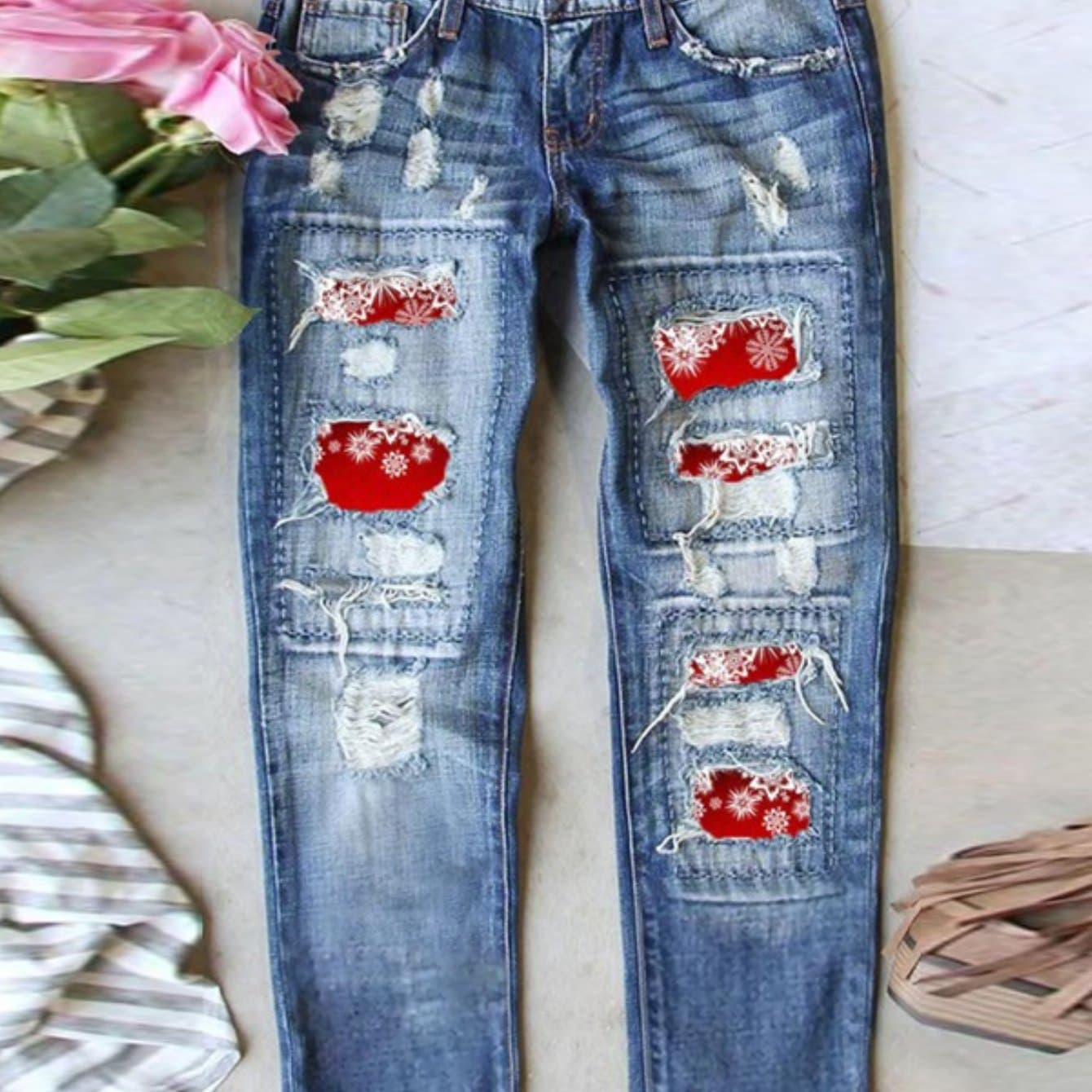 TEMU 2025 Women's Jeans Street Hole Christmas Printed Patch Straight Pants Micro-elastic, Snowflake Print