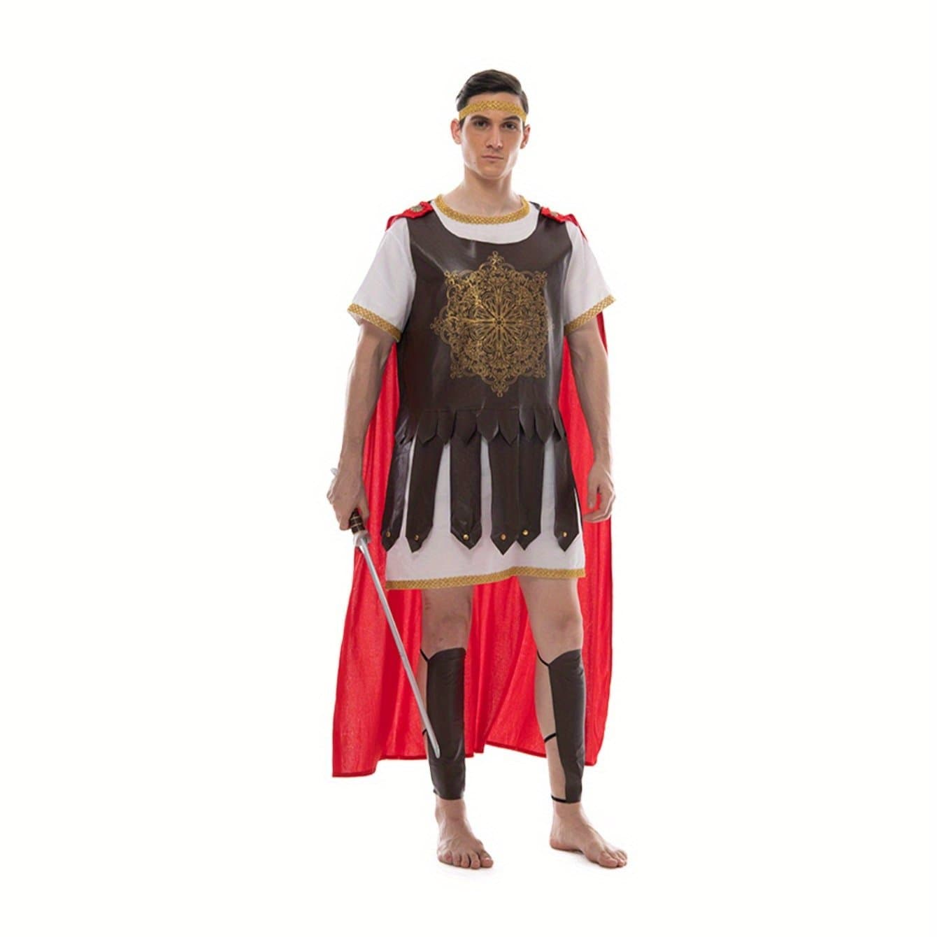 TEMU Adult Men's Halloween Roman Soldier Warrior Costume With Headband, Cape And Leg Warmer