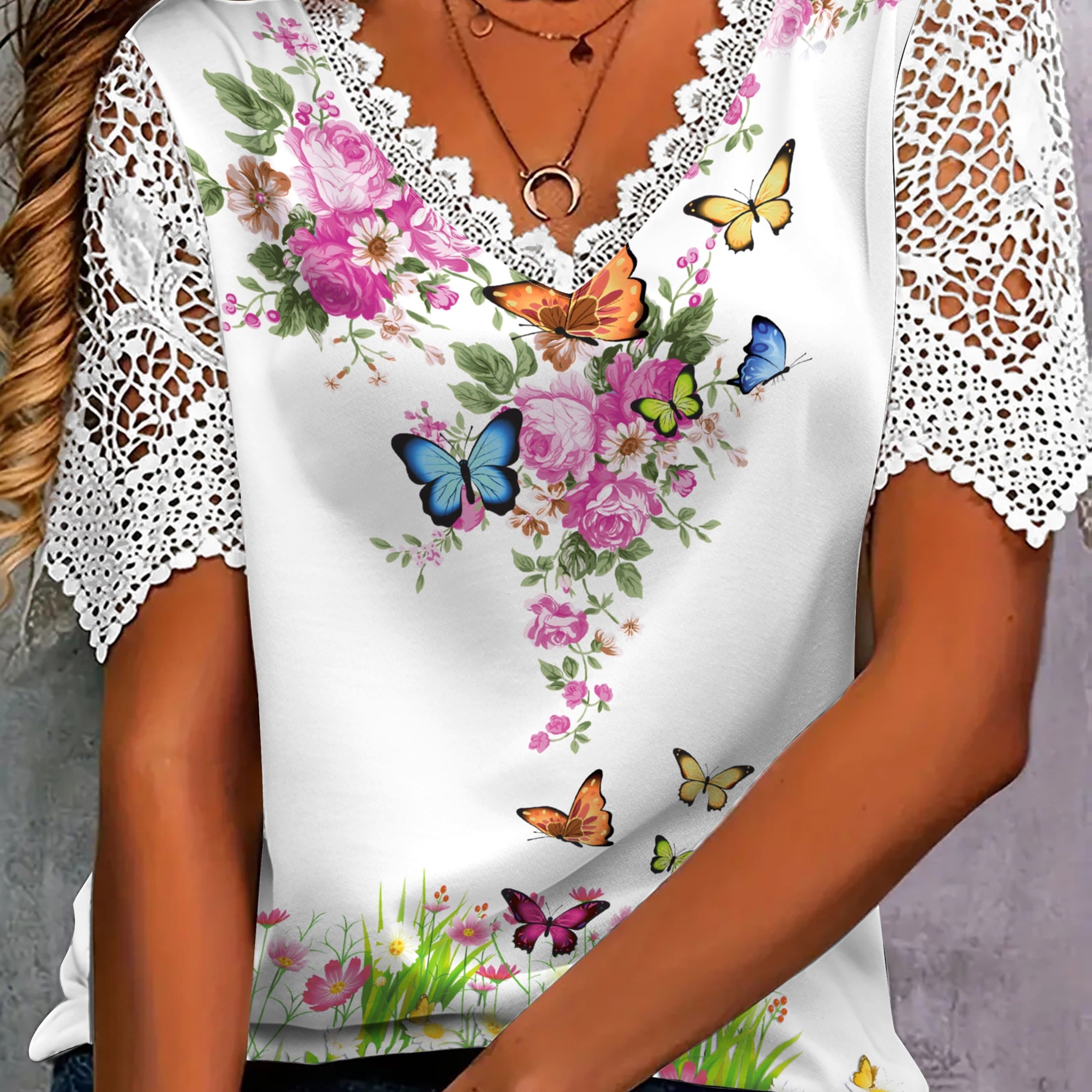 TEMU Elegant Women's Short-sleeve T-shirt With Lace , Featuring A Stylish Colorful Floral Print