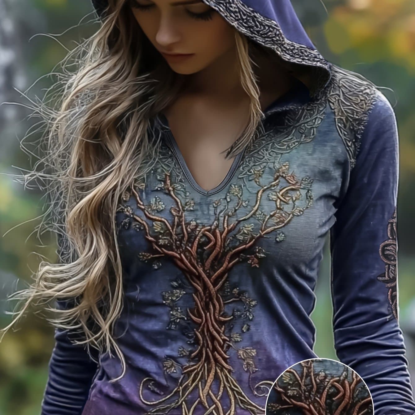 TEMU Spring And Summer Vintage Gradient Life Tree Hooded Women's Thin Casual Top Suitable For Outdoor Photography Women's Fashionable Hoodie