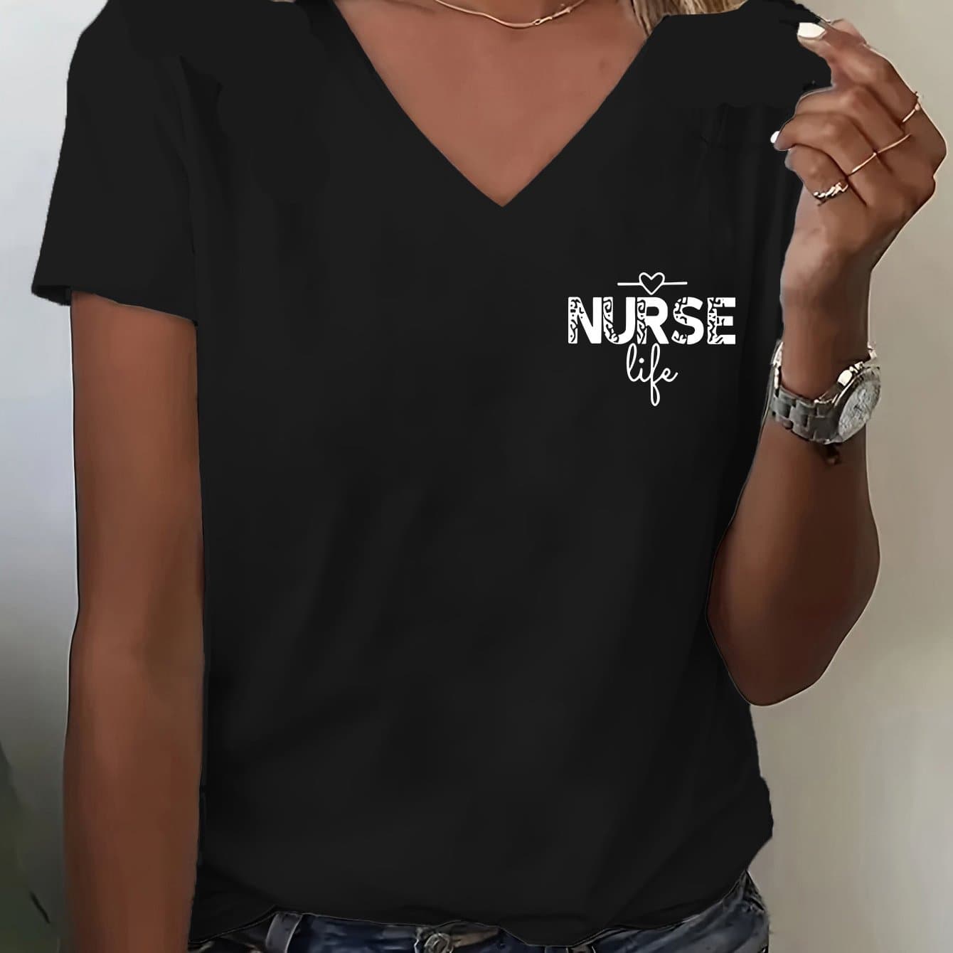 TEMU Letter Print T-shirt, Short Sleeve V Neck Casual Top For Summer And Spring, Women's Clothing