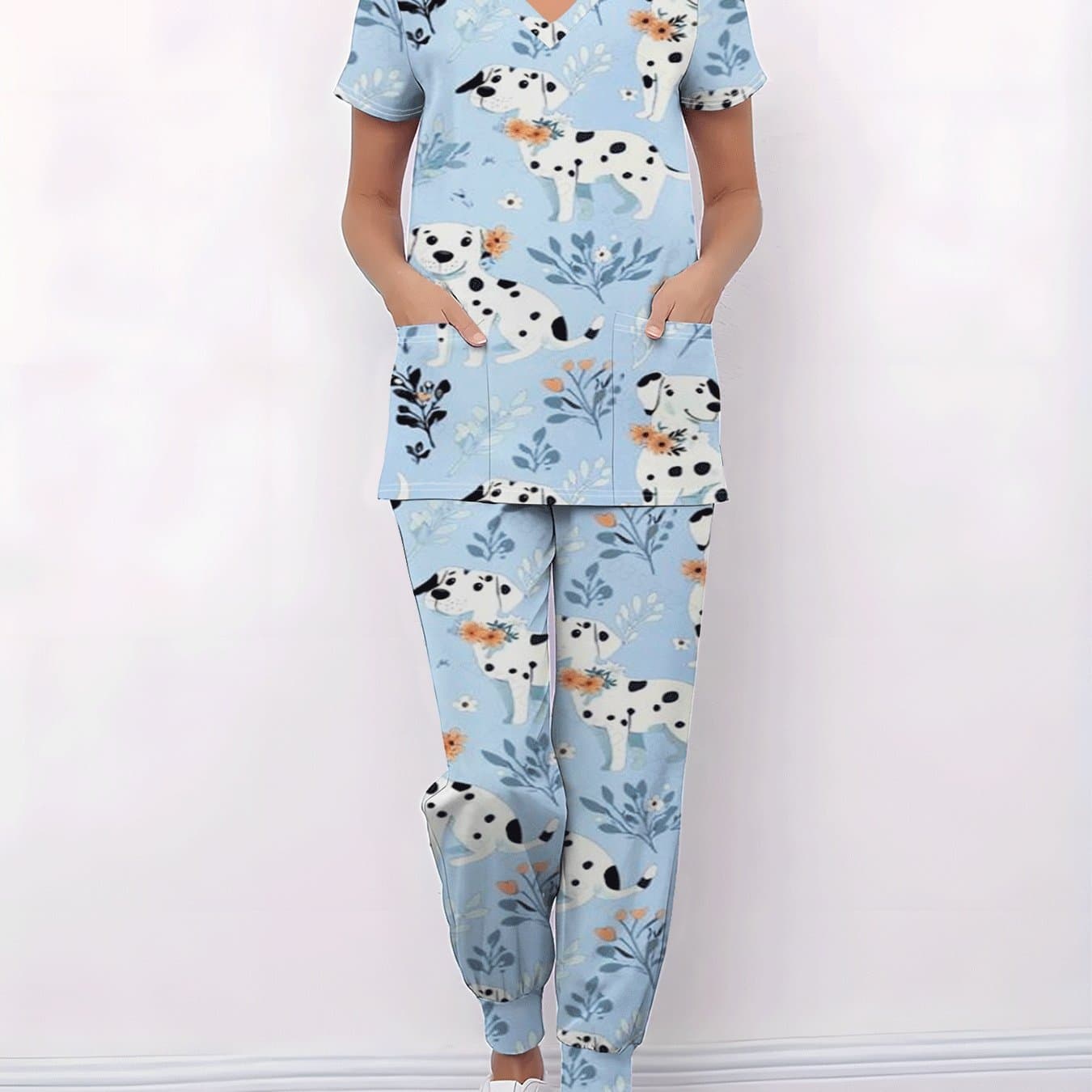 TEMU V-neck T-shirt Set With , Top With Pockets, Comfortable And Elastic Fabric, Barber, Pet Store, Chef, Doctor, Manicurist Short-sleeved Work Clothes, Uniform, Cute Cartoon Is Unique thumbnail 2