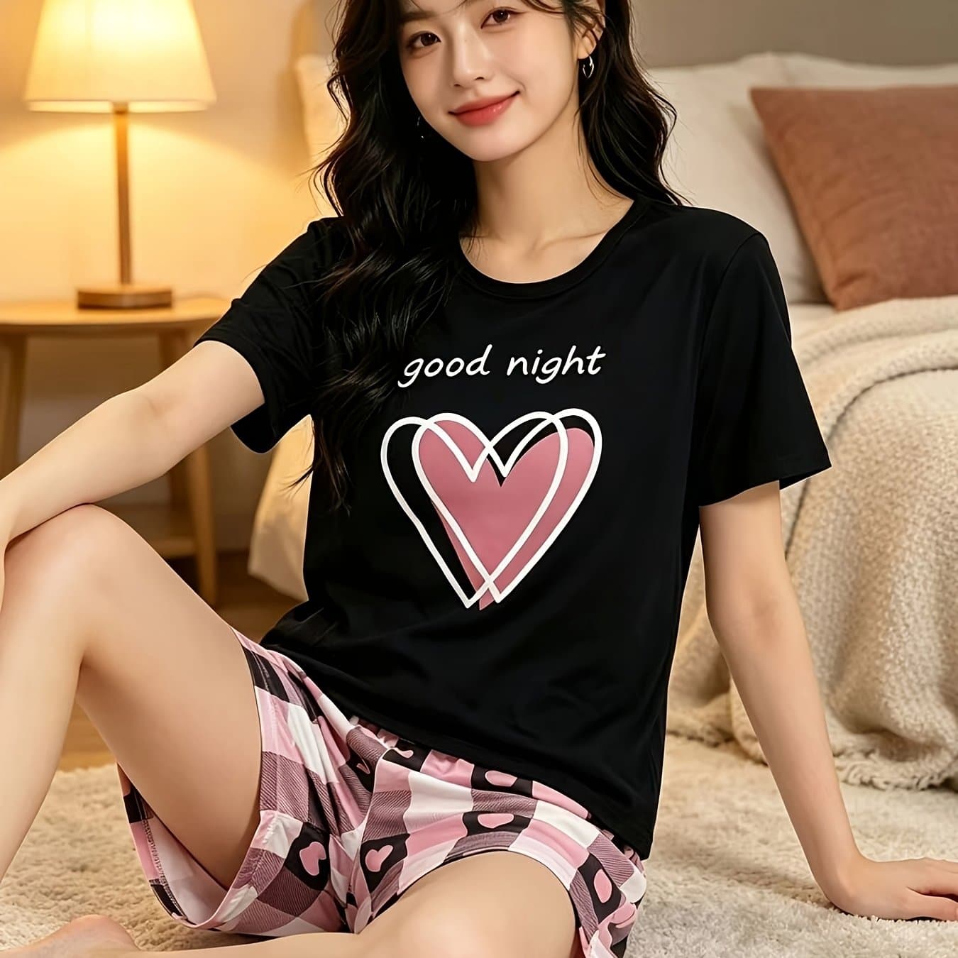 TEMU Women's Pajamas. Women's Pajama Set (placement Print). Comfortable Round Neck Short Sleeve Top And Elastic Waist Shorts Are Perfect