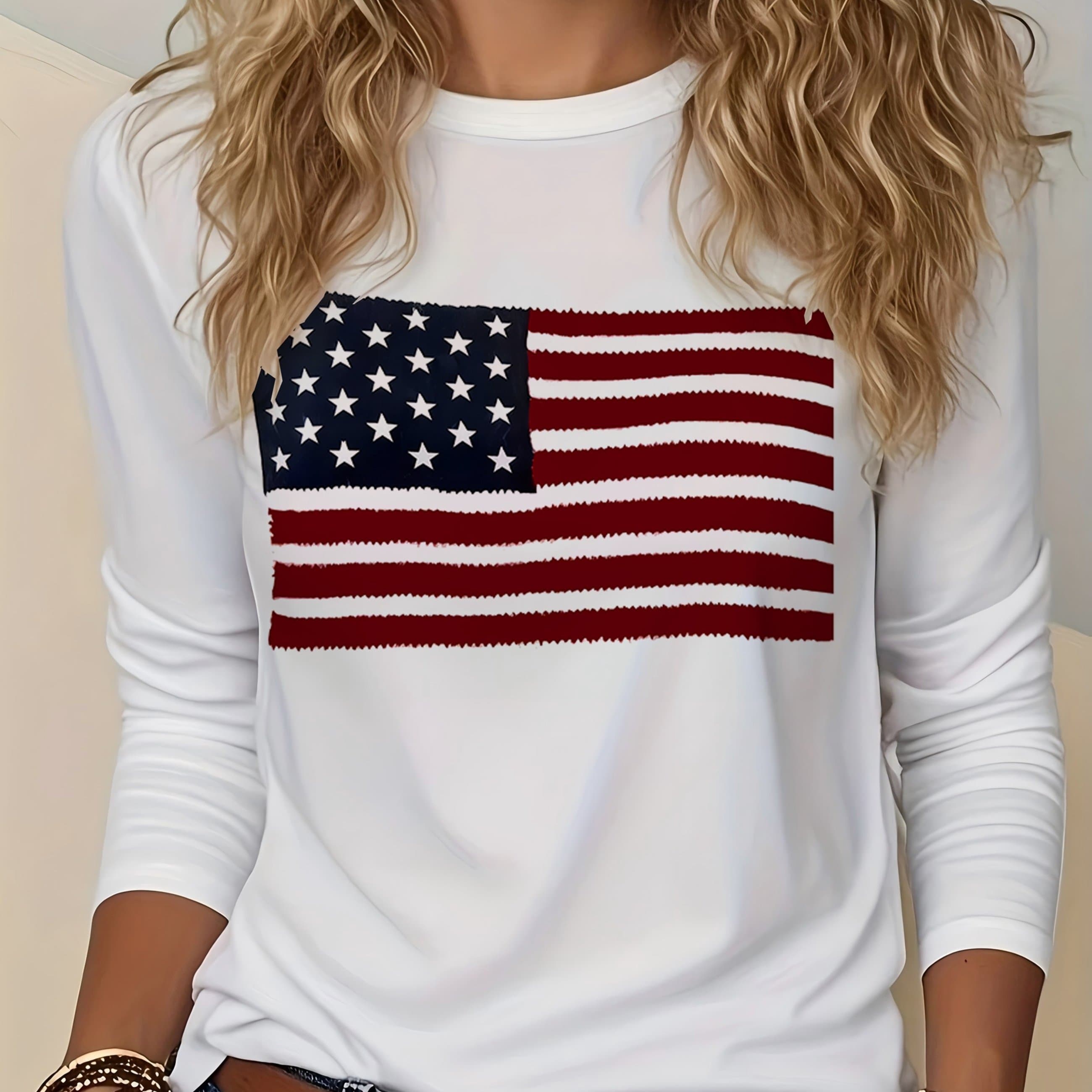 TEMU Label Lady's Round Neck Fashionable Long Sleeve White Top With American Flag Pattern Print. Machine Washable, Suitable For Daily Casual Wear , Summer, And Autumn. Skin-friendly Fabric