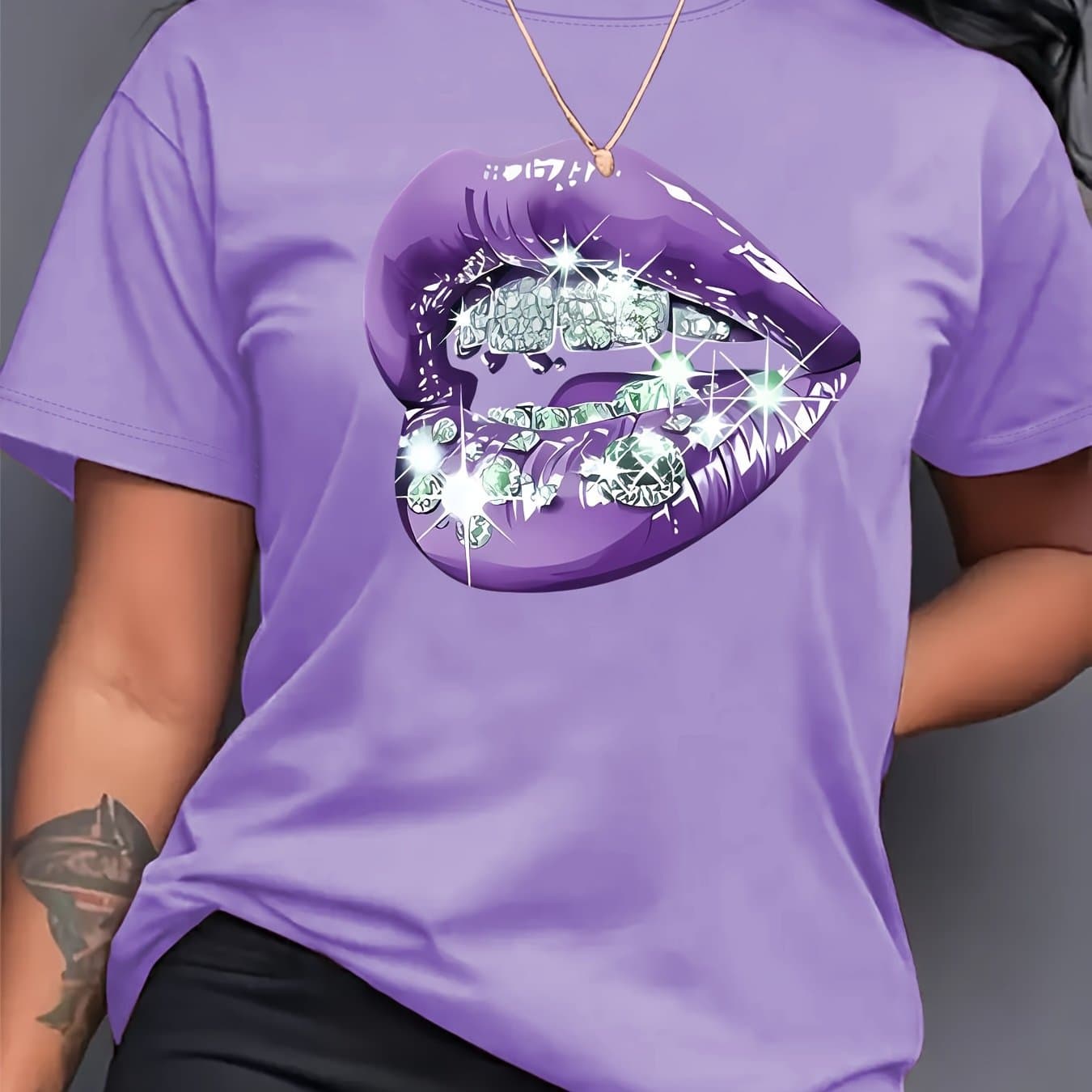 TEMU Lip Pattern Printing+ Short Sleeves+ Round Neck T-shirt