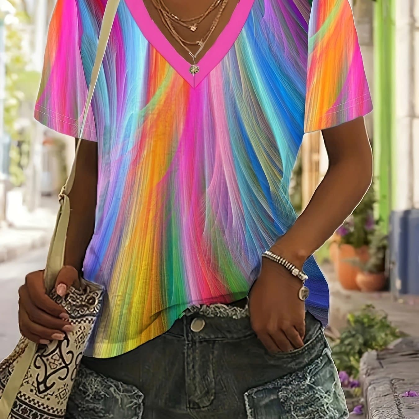 TEMU Colorful Printed T-shirt, Stylish Summer Women's V-neck Short-sleeve Top, Casual Pullover Apparel From Europe And America