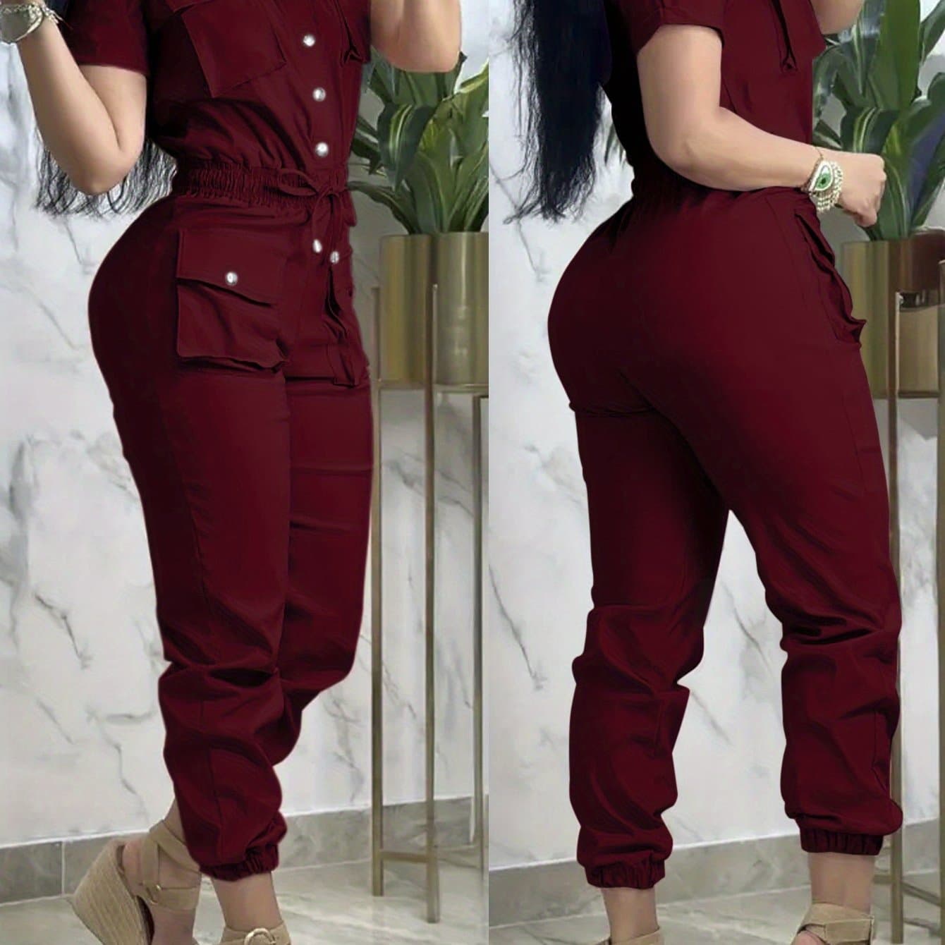 TEMU Fashion Solid Color Summer -fit Pocket Casual Short Sleeve Jumpsuit