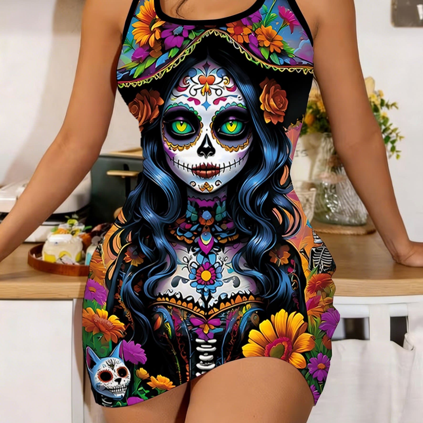 TEMU Women's Skull Printed Tank Dress, Fitted And Bodycon Nightgown Loungewear