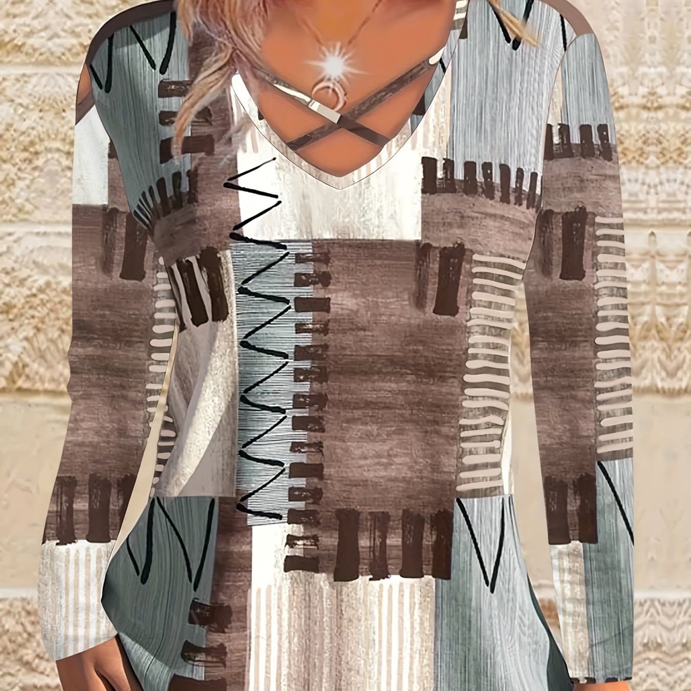 TEMU Women's Elegant Long Sleeve V-neck T-shirt - Polyester All- Top With Crisscross Straps, Machine Washable Shirt For Spring & Fall, Versatile Blouse, Breathable Material, Print Blouse, Trendy Tops