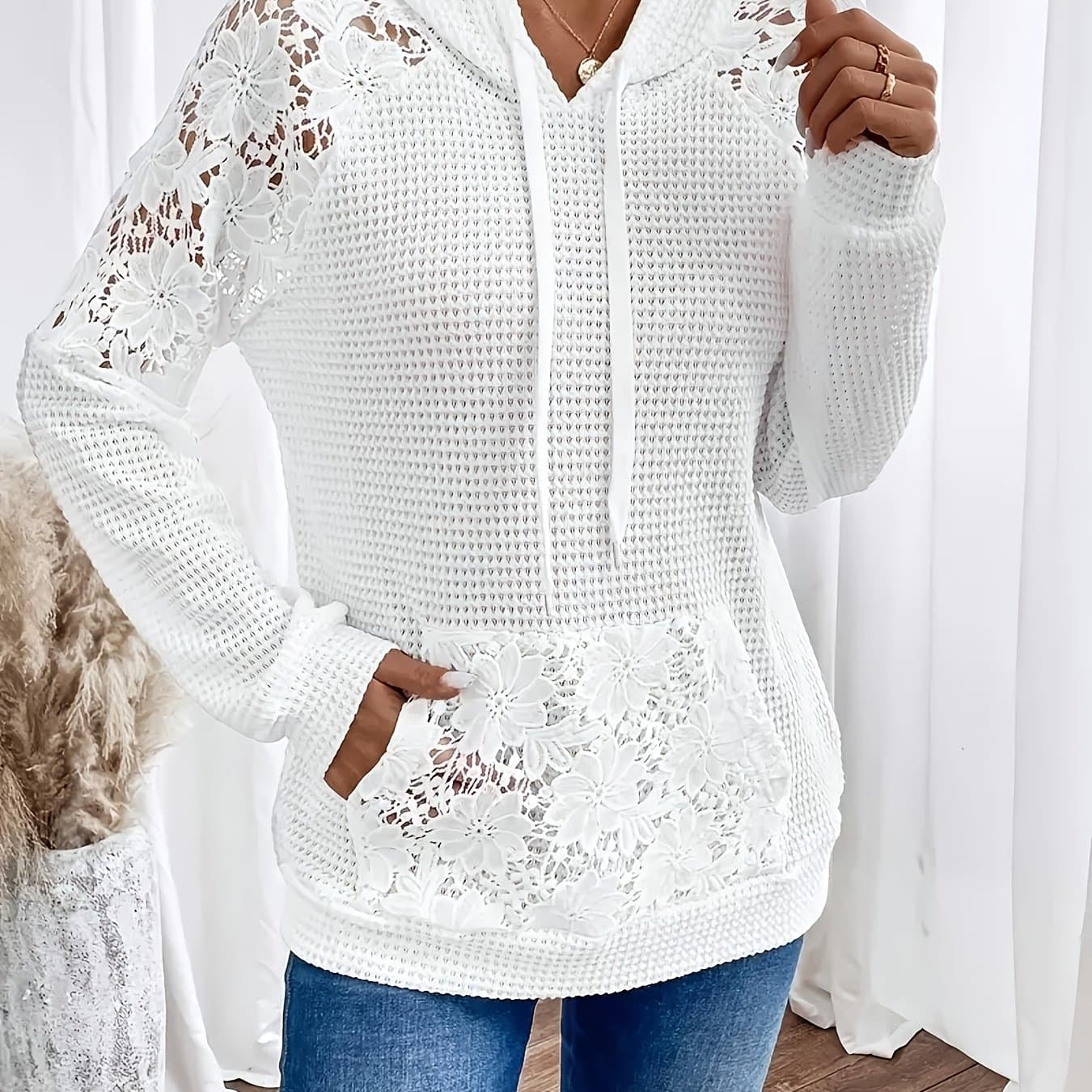TEMU Hooded Lace-trimmed Casual Fashion Raglan Sleeve Top Hoodie