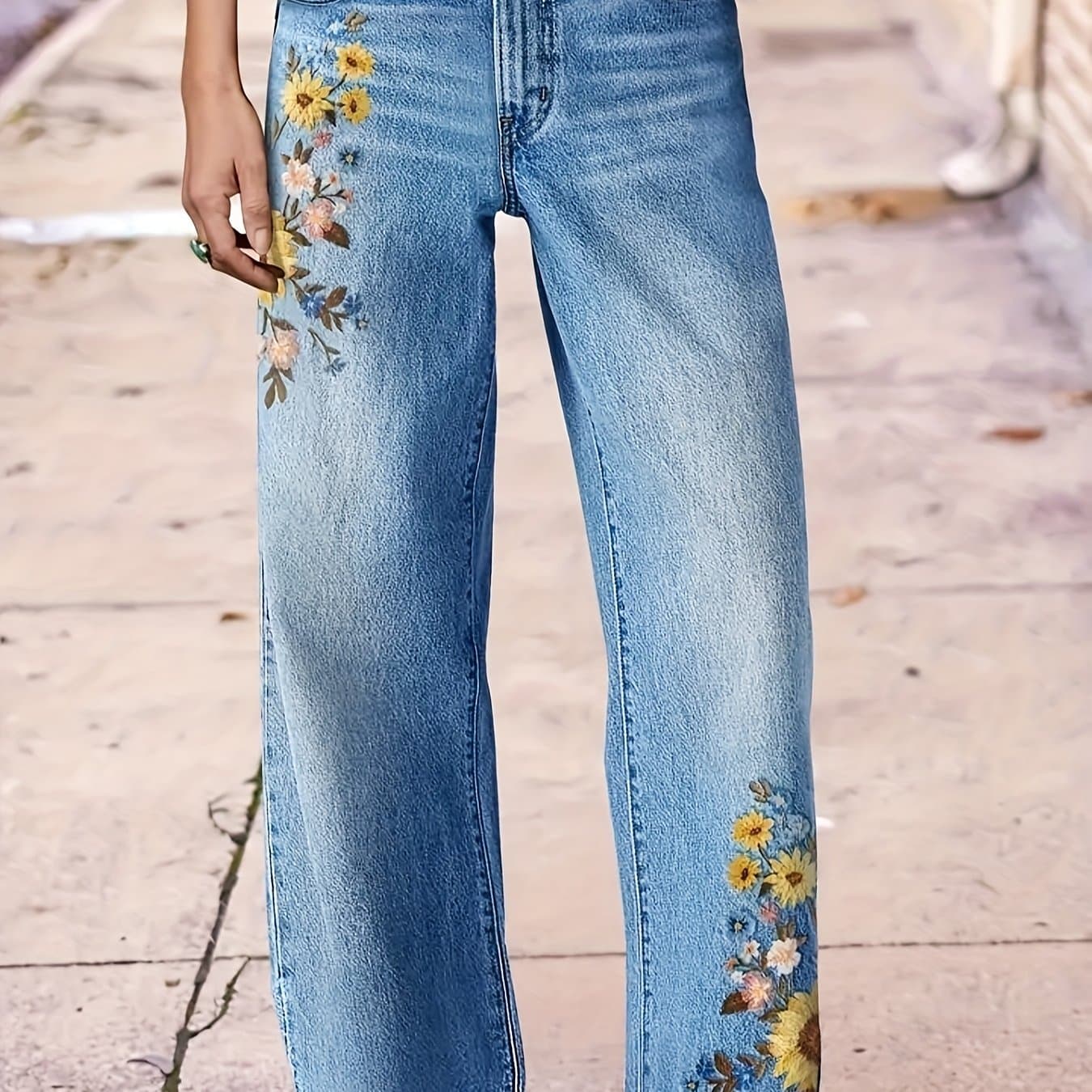 TEMU Women's Washed Embroidered Print Micro-elastic Slim Straight-tight Casual Jeans