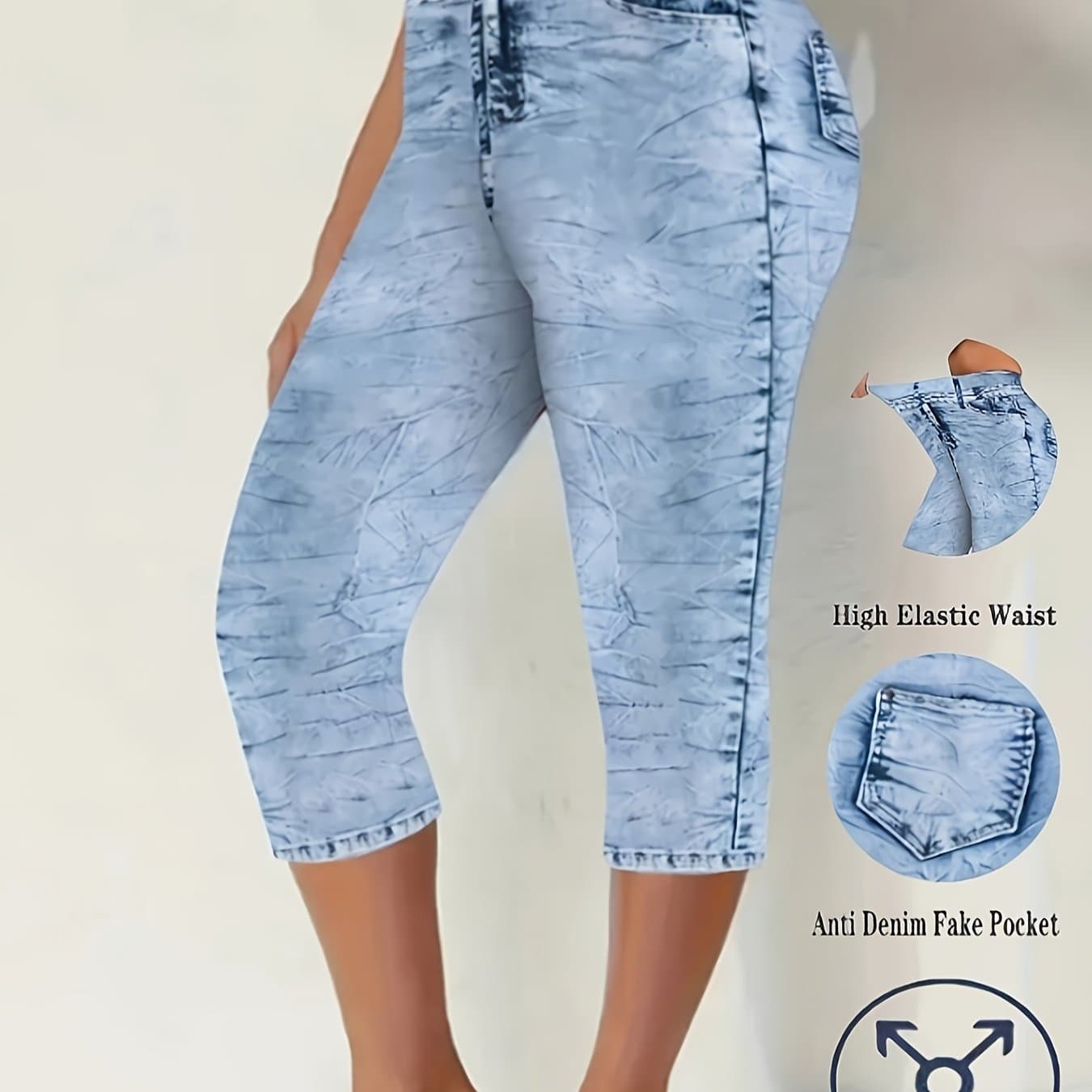 TEMU Plus Size, [printed Pants - Not Denim Fabric] Women's High-waisted Capri Pants - Light Blue Denim- Denim Leggings With Anti- , Stretchy Stretch Capri Length Pants Suitable For All , Plus Size