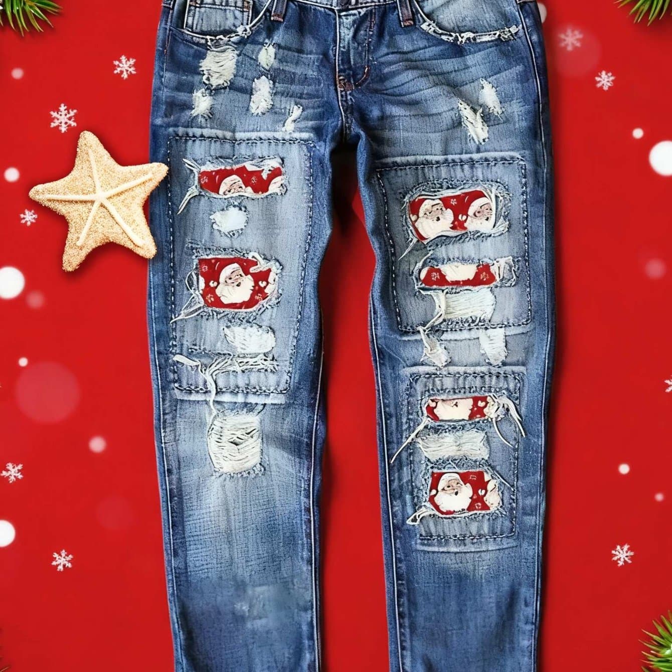 TEMU 2025 Women's Jeans Street Ripped Christmas Santa Claus Printed Patch Straight Trousers