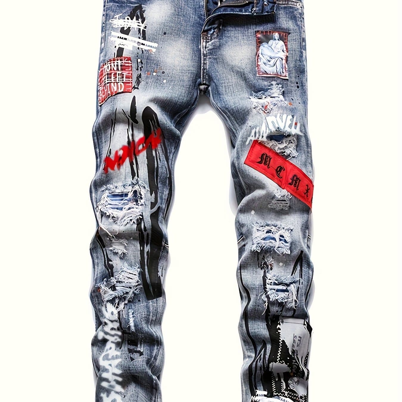 TEMU Men's Slim Fit Straight-leg Distressed Jeans - Vintage Washed Denim With Embroidered Slogans & Patches, Stretch , Machine Washable, Streetwear Style