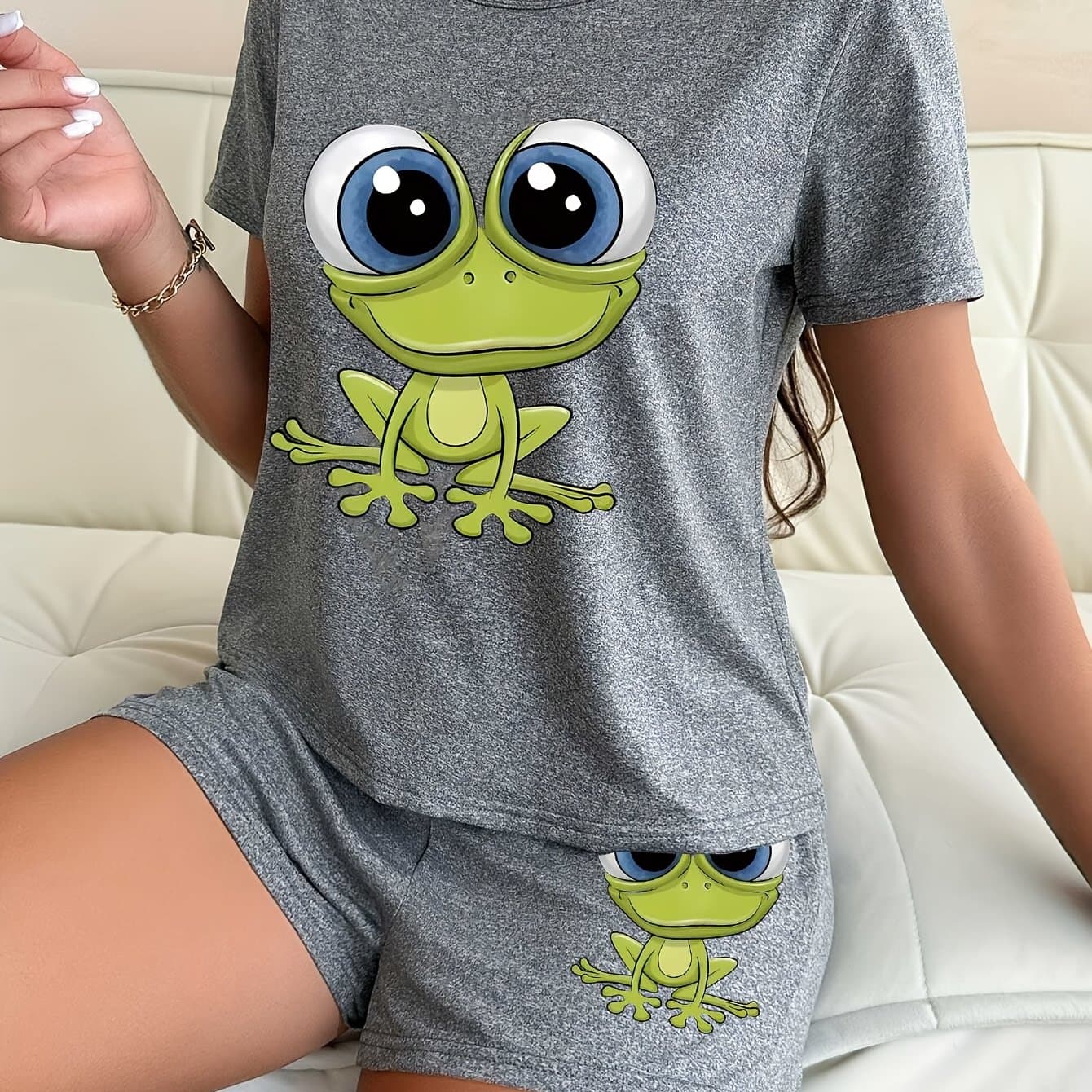 TEMU 2pcs Women's Short Sleeve Shorts Loungewear Set - Cute Cartoon Print, Short Sleeve Top, Shorts, Breathable And Comfortable, Bow Detail, Suitable For , Casual Wear, Cartoon Design
