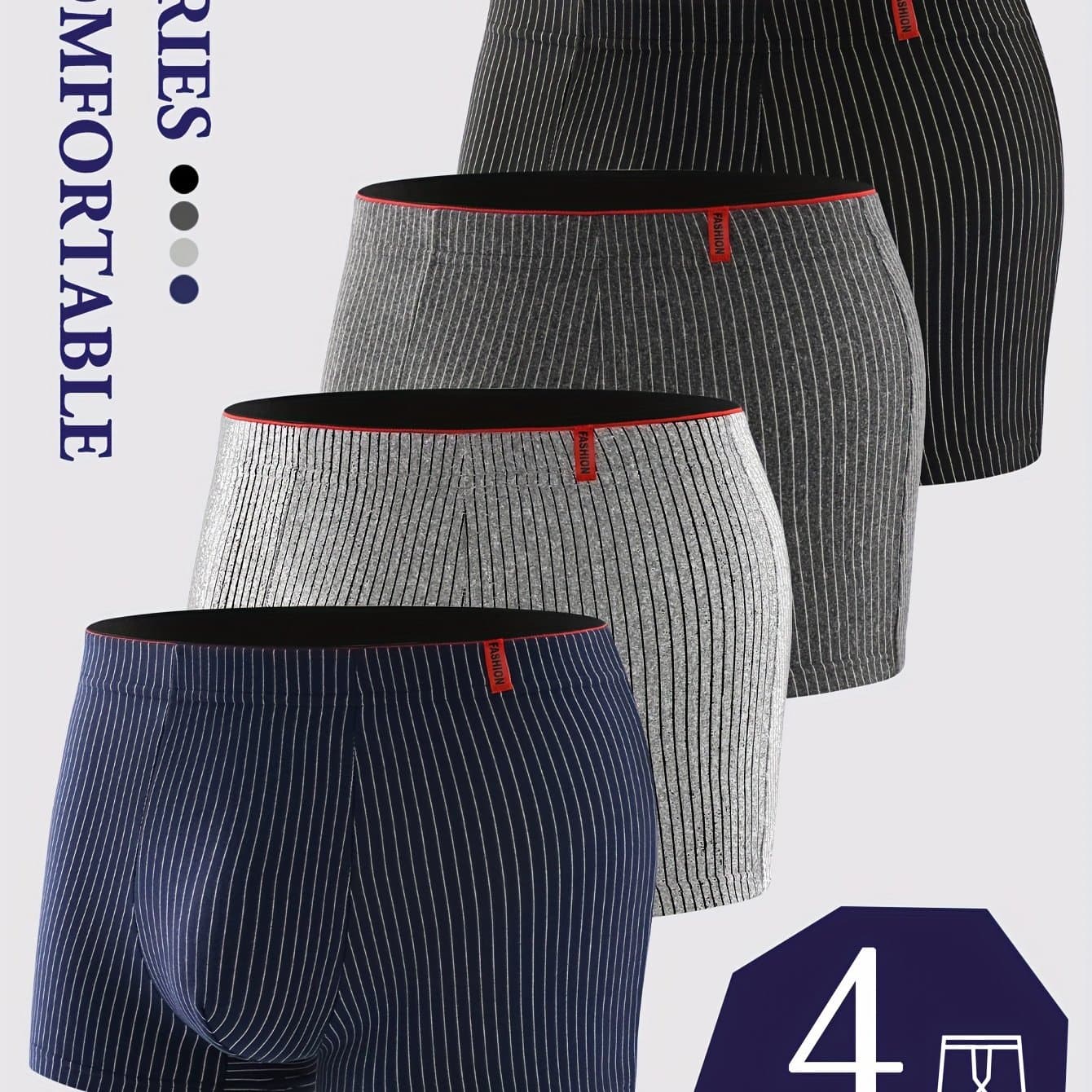 TEMU 4-pc Striped Men's Underwear, Men's Plus Size Boxer Briefs, Adult Sports Shorts, Men's Youth Boxer Briefs