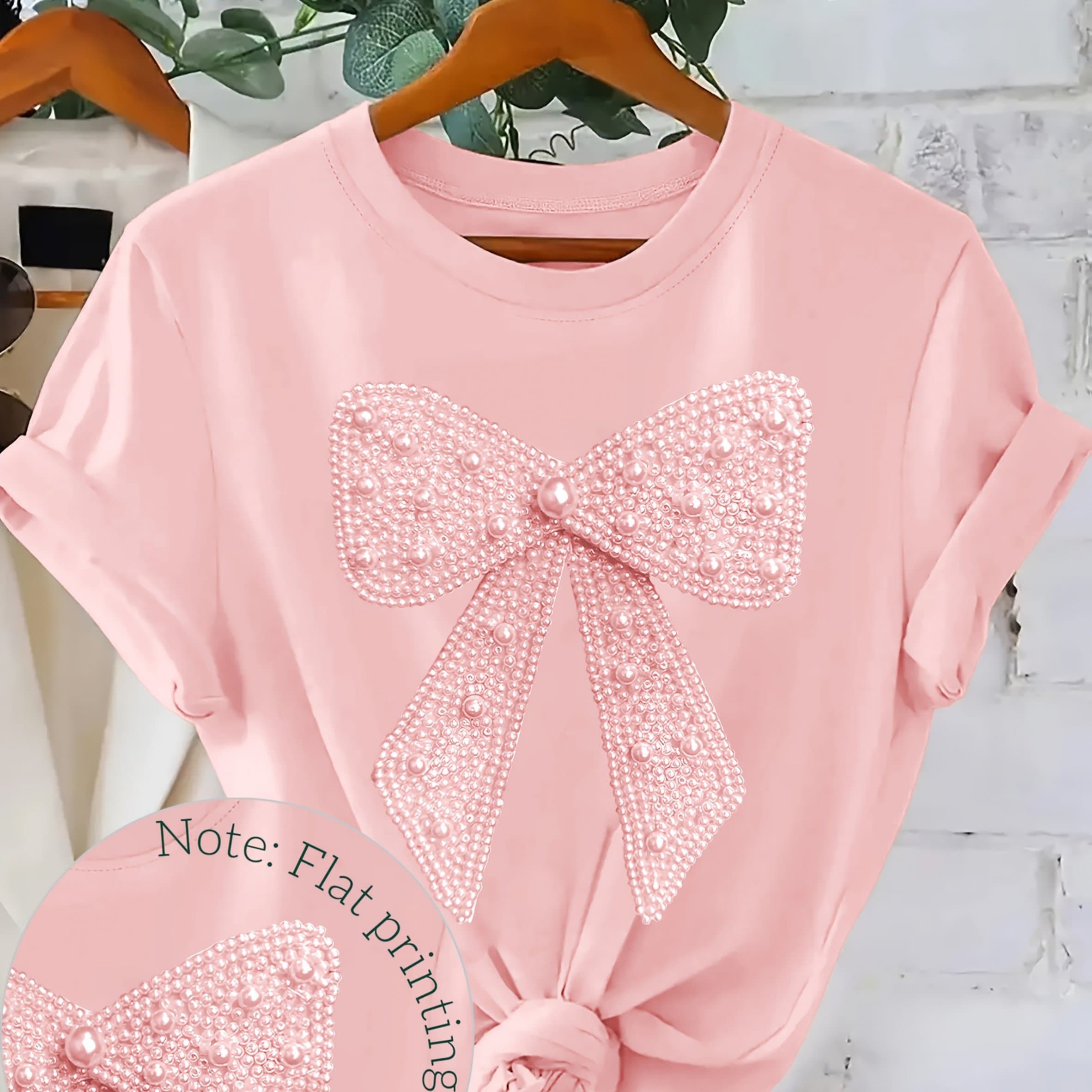 TEMU Casual Pink Short-sleeve T-shirt For Women Featuring Bow Print, Made From, Perfect For Summer And Holiday Occasions Like Thanksgiving And Christmas