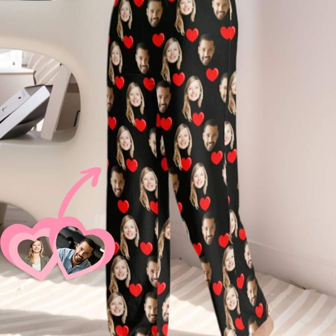 TEMU Custom Men's Pants With 2 Photo Prints - Personalized Bottoms Featuring Your And Your 's Faces, Ideal Valentine's Day Gift