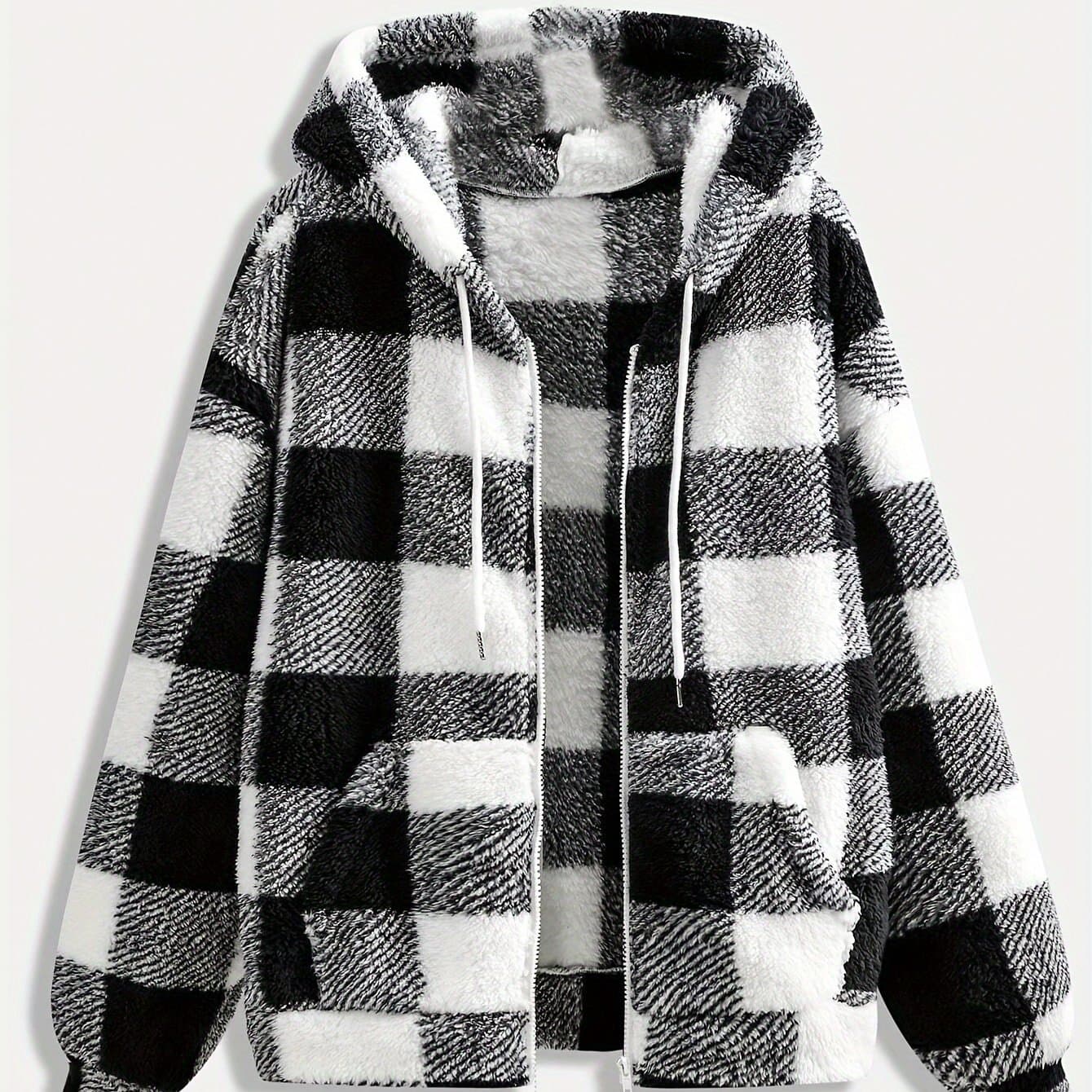TEMU Women's Fleece Coat - Mustard-yellow & Checkered Winter , Soft Plush Jacket With Full-zip Front Closure, Outerwear For Fall & Winter, Winter Clothing, Fall Fashion, Stylish Outerwear,