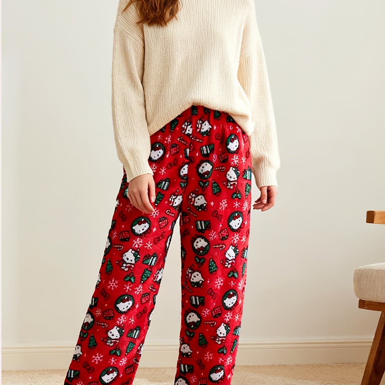 TEMU Hello Kitty Flannel Soft Pajama Pants For Halloween And Christmas, Printed Fringe Casual Pants, Elegant Style, Comfortable Autumn And Casual Wear