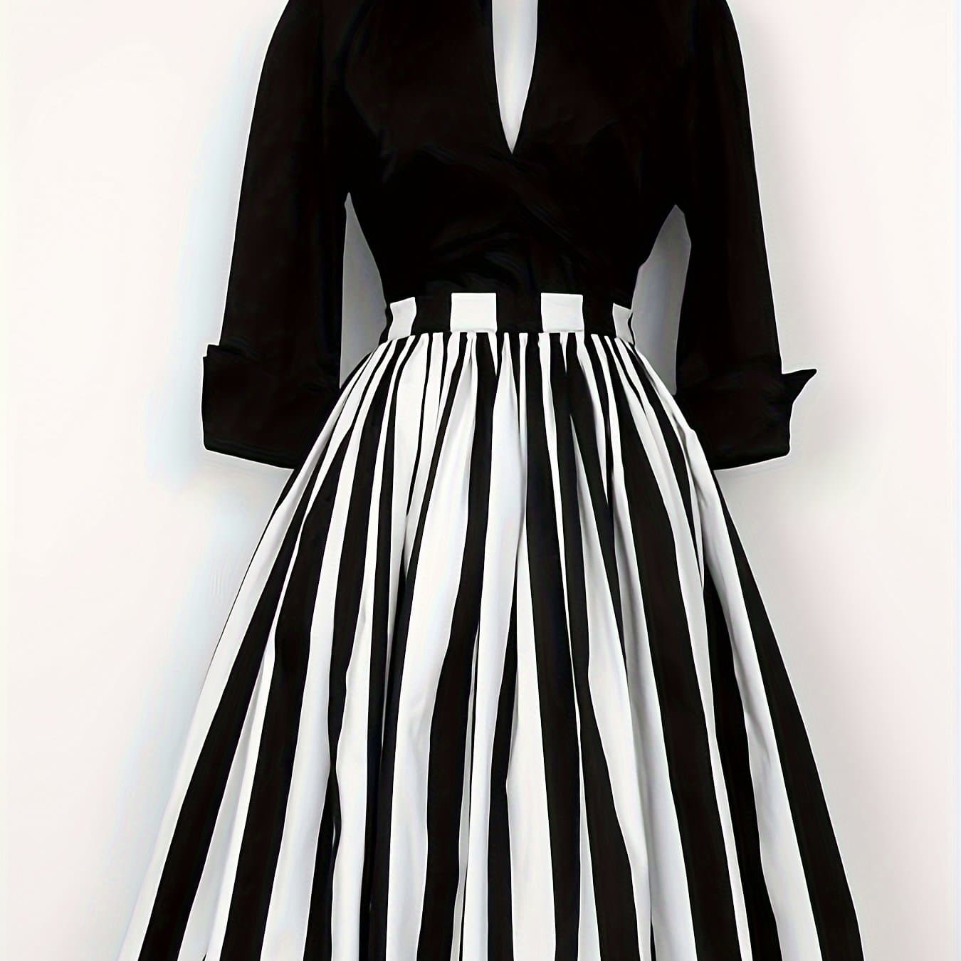 TEMU Elegant Striped V-neck Dress For Women - Chic Color Block, Long Sleeve, A- With Belt Detail - Perfect For Spring And Fall