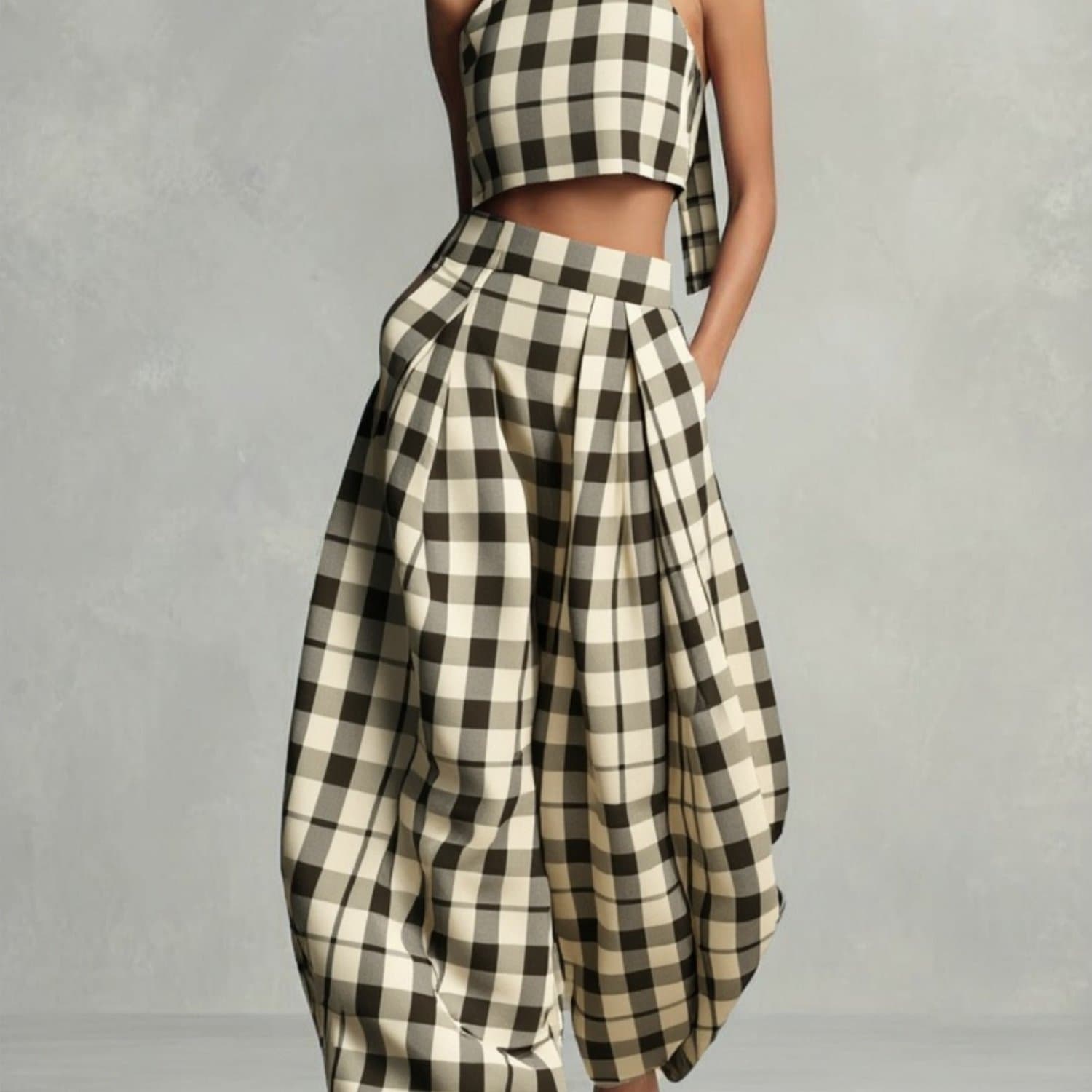 TEMU Beige-brown Plaid Halter Crop Top And Wide-leg Lantern Pants Set | Retro Elegant Mature , Suitable For Date Dinners, , Daily And More