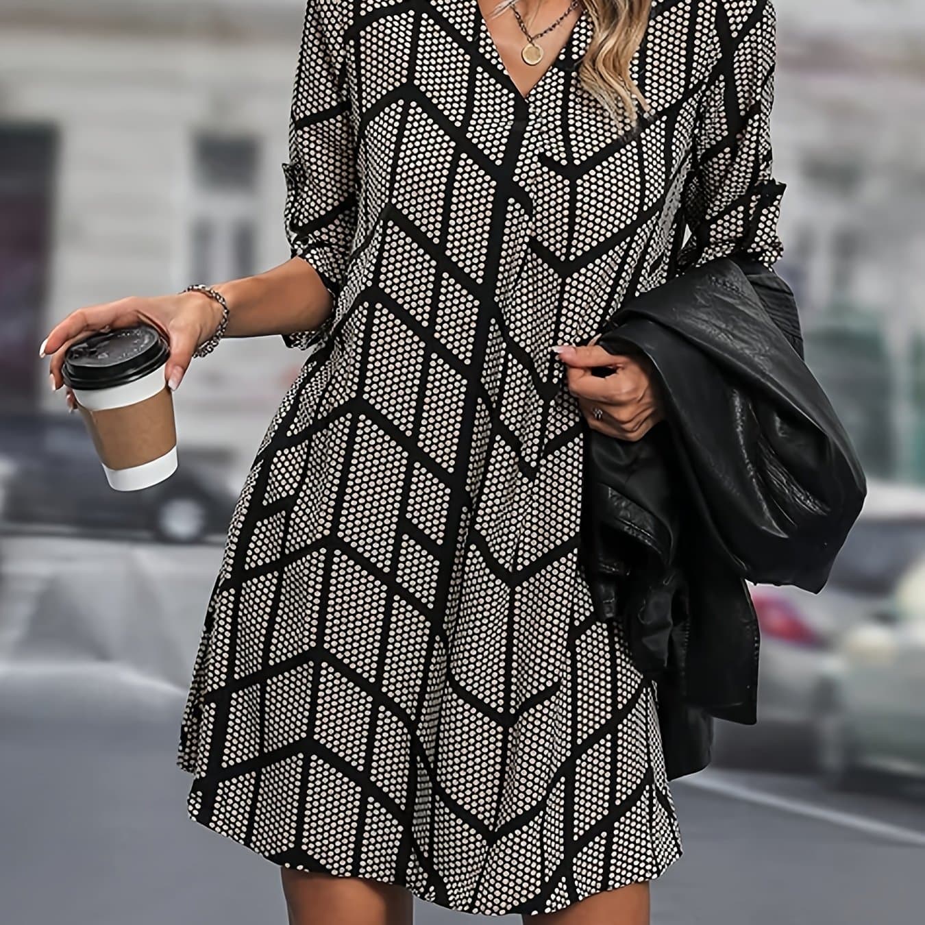 TEMU Vacation-themed Printed Long-sleeve Dress With Ruffles