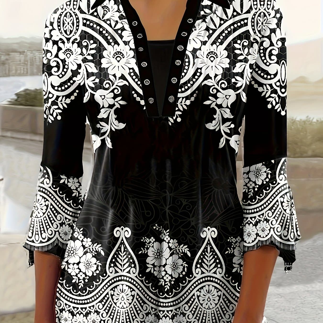 TEMU Spring And Autumn New Women Printed Lapel Three-quarter Sleeve T-shirt Irregular Sleeve Button-up Top