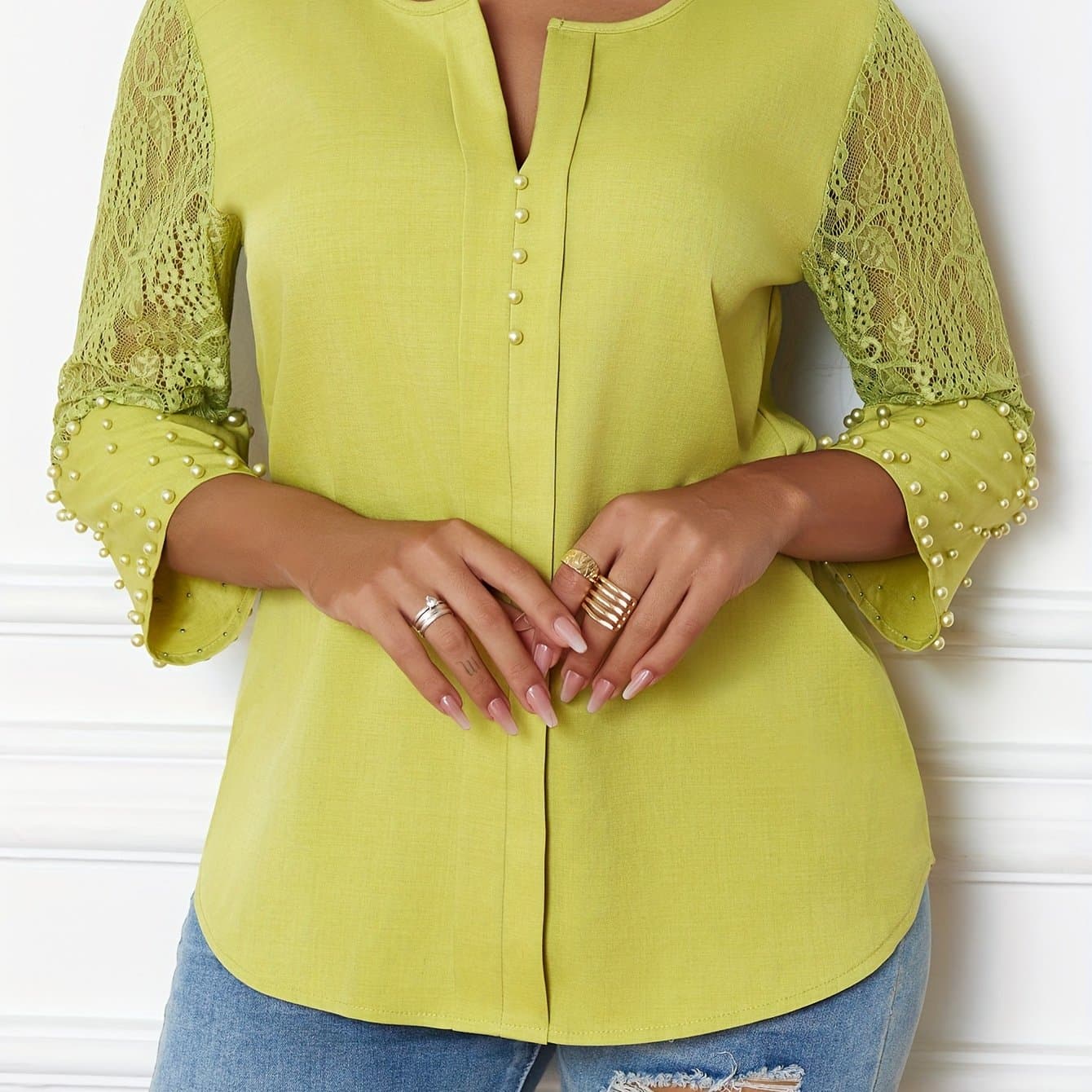 TEMU Long-sleeve Top With Lace And A Keyhole Neckline