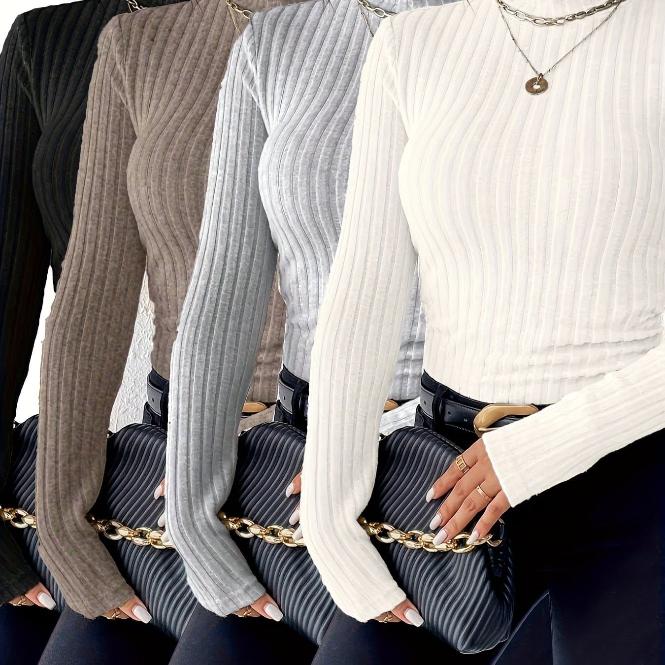 TEMU Autumn And Winter Women's 4pcs And Comfortable High-neck Ribbed T-shirt, Slim And Thin Solid Color Outside Or As A Base, Daily , Shopping, Versatile Basic Top