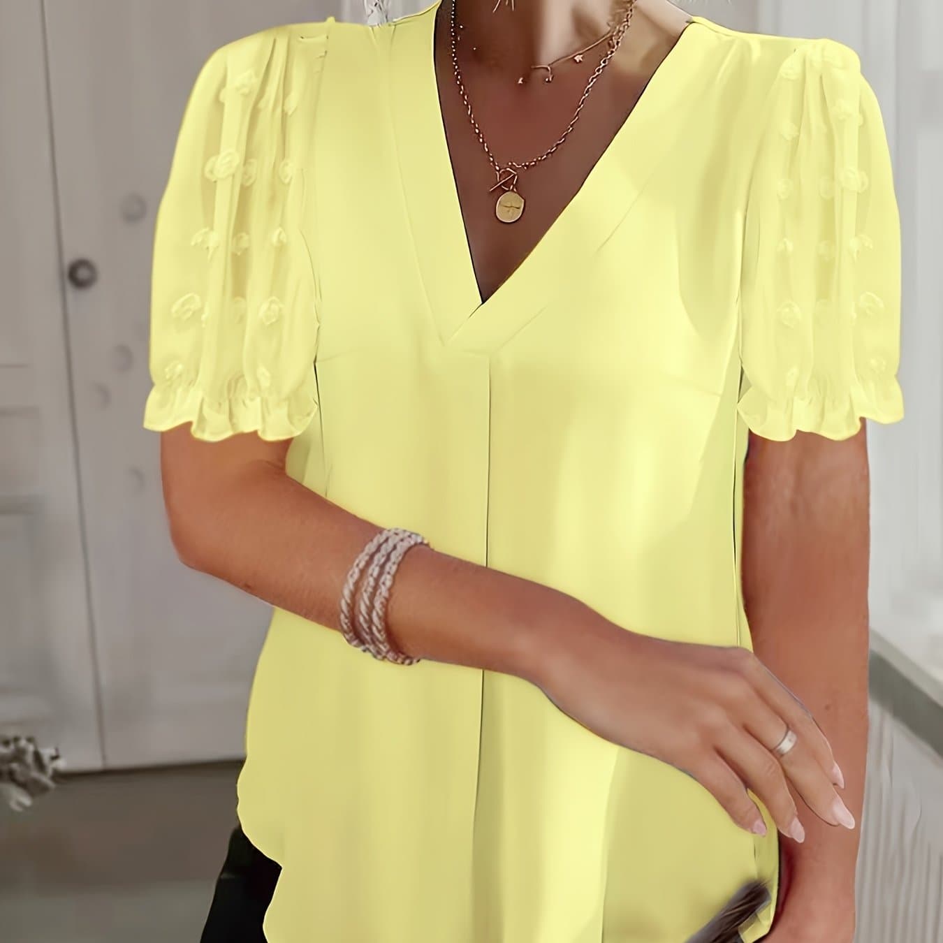 TEMU Plus Size, Dot Mesh Spliced V-neck Shirt, Elegant Short-sleeved Blouse, Suitable For Spring And Summer, Women's Clothing