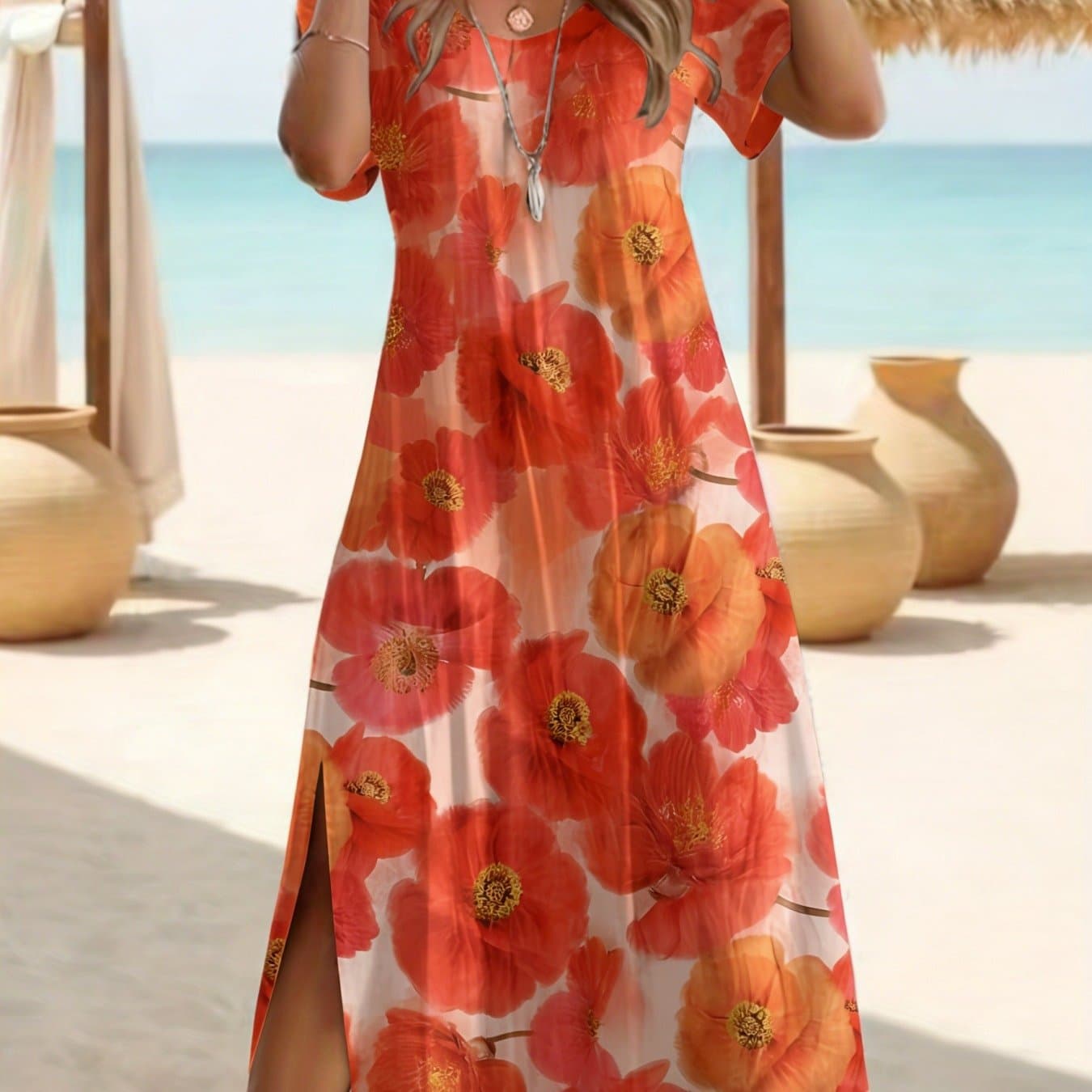 TEMU Orange Floral Print Women's Short-sleeved Casual Dress With Side Slit