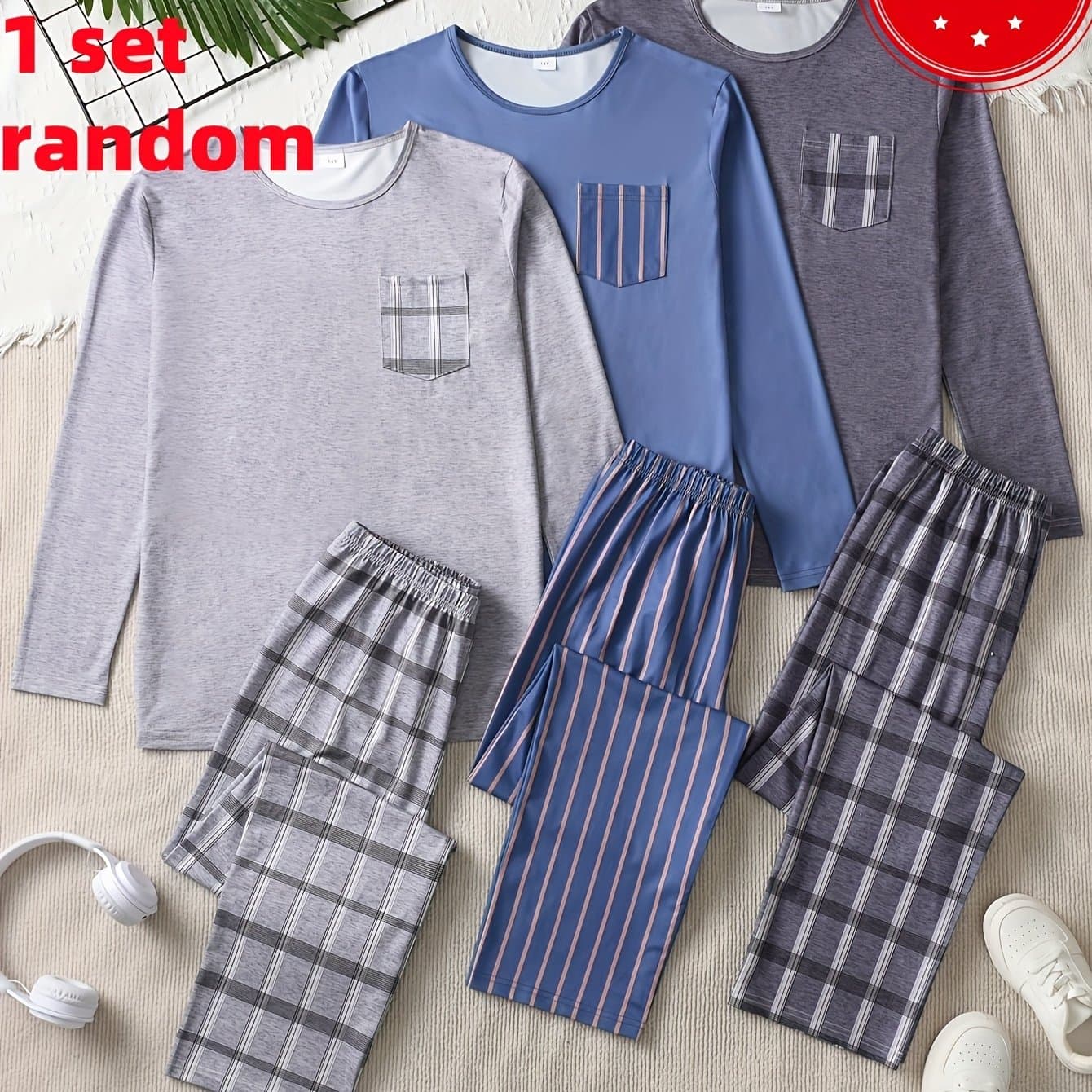 TEMU Random 1 Set Of Teenager's Fashion Pajamas, Black Gray Long Sleeve Long Pants Set, Casual Clothes Set, Random 1 Set, For Teenager, For Teenager