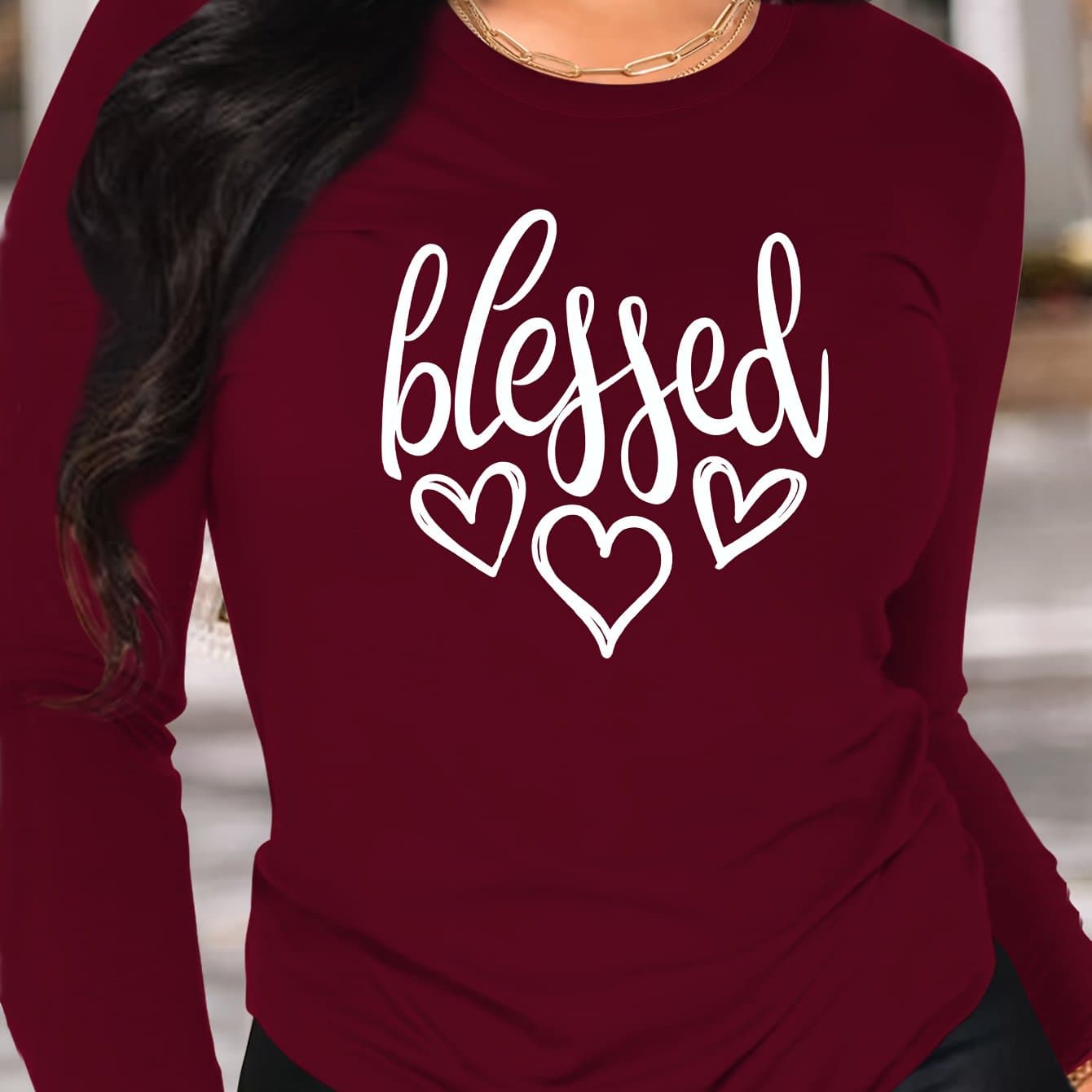 TEMU Women's Casual Long Sleeve Crew Neck T-shirt - Blessed & Hearts Print Maroon Top, Medium Washable Spring/fall Casual Attire, Ladies T Shirts, Design, Shirt