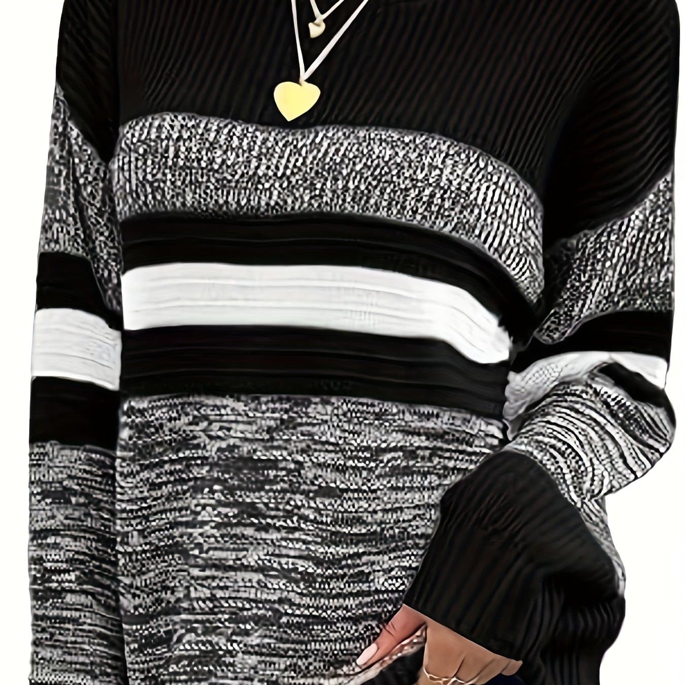 TEMU Women's Fashion Striped Long Sleeve Sweater Color- Pullover Top Casual Ribbed Sweater