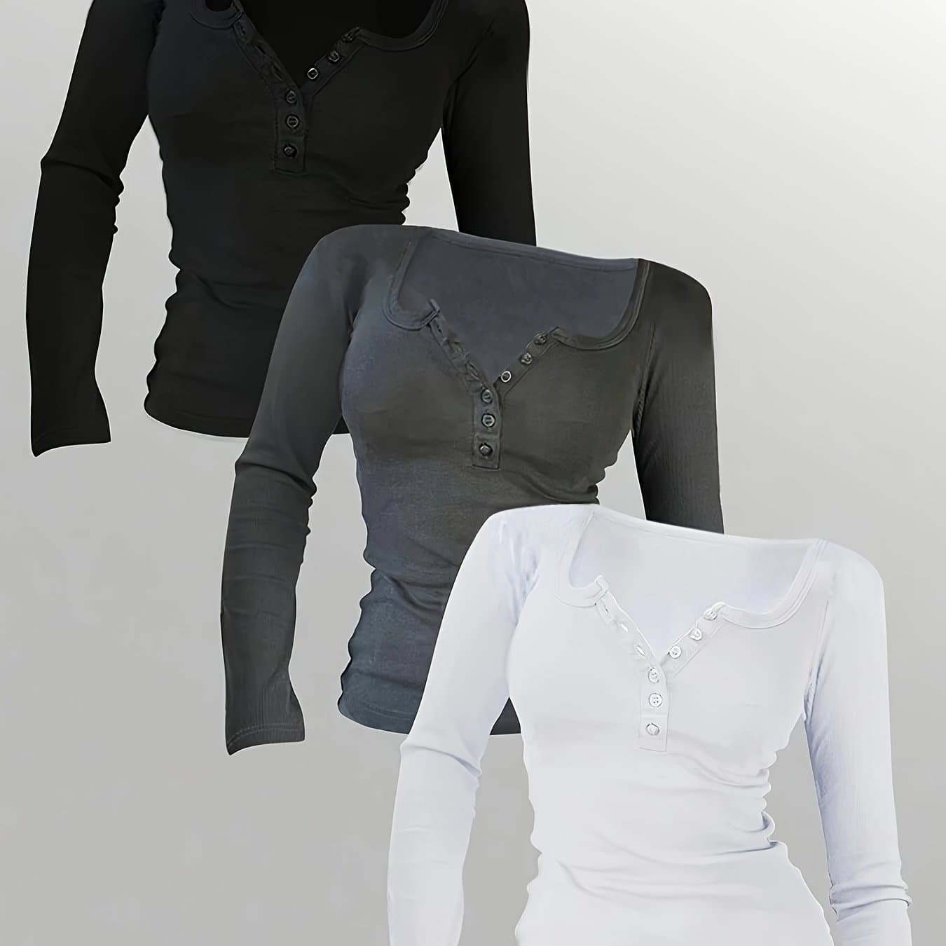 TEMU 3pcs Set Women' Color Button-up Half- Long-sleeve Casual T-shirt, Suitable For Layering, For Spring, Summer, Autumn, And Winter