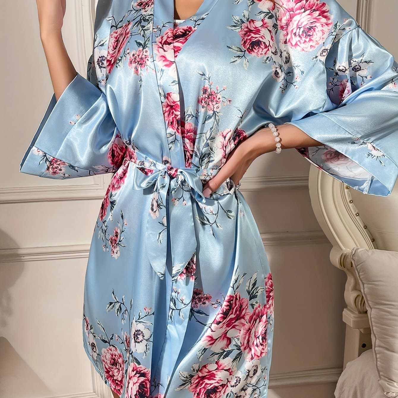 TEMU Y799 European And Satin Printed Nightgown (robe Only)