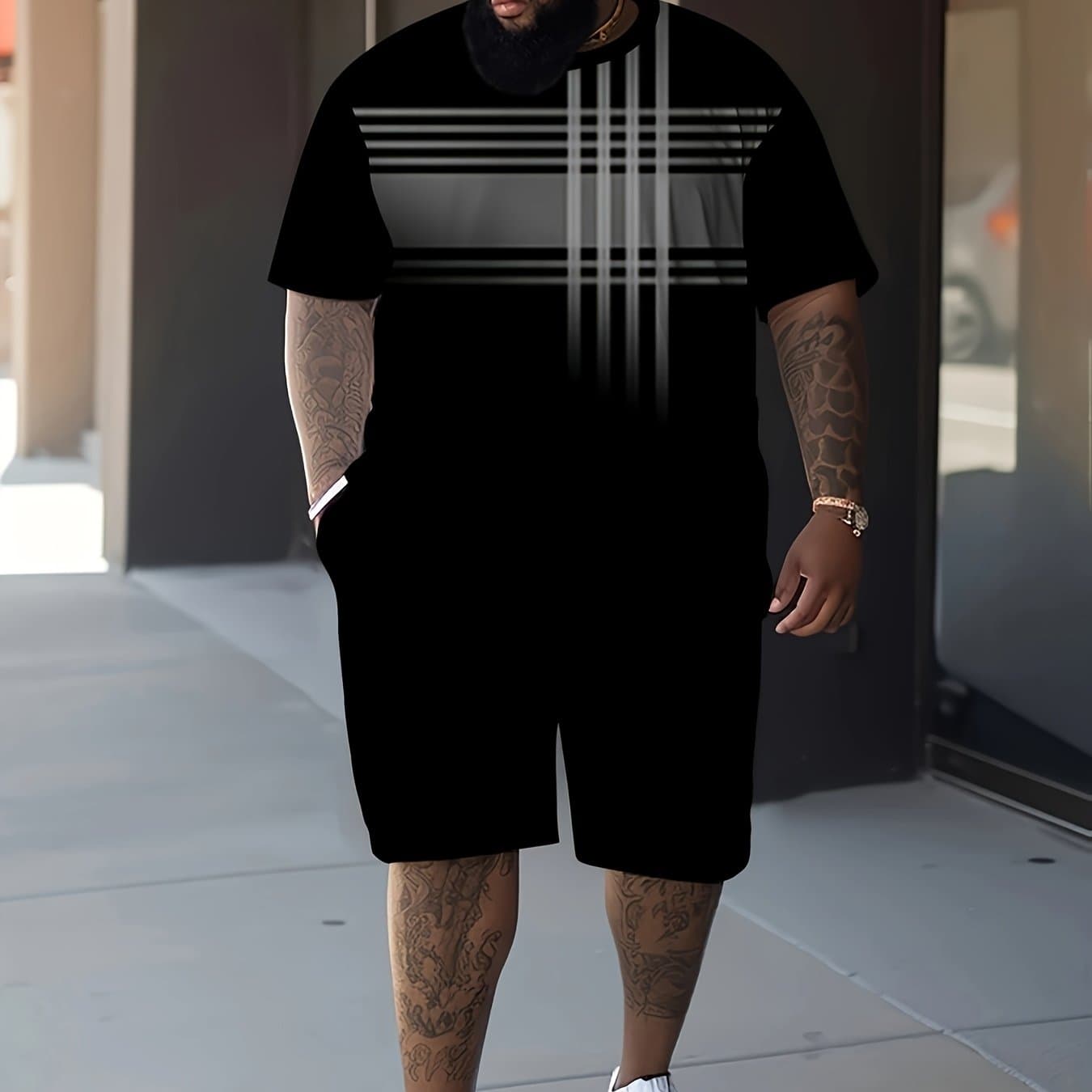 TEMU Plus Size Men's Stylish Casual Print Short-sleeved Two-piece Suit